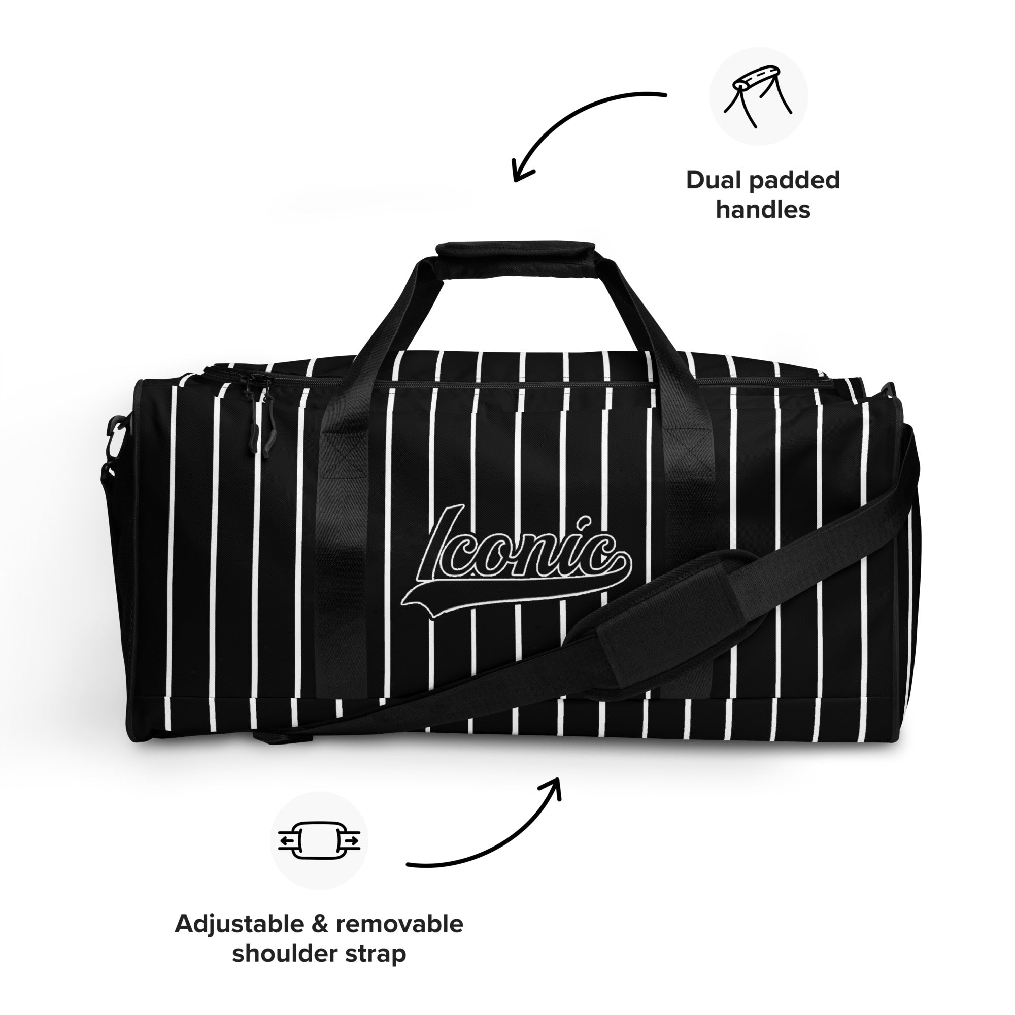ROYAL Team Iconic. Athletix Duffle Duffel Bag Pinstripe Blk and White