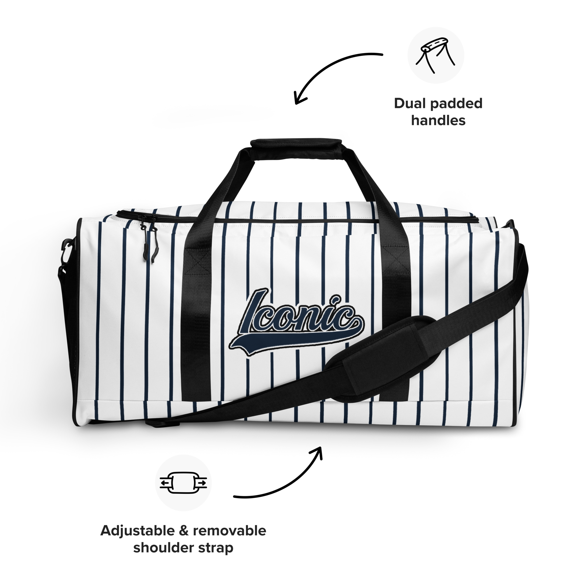 ROYAL Team Iconic. Athletix Duffle Duffel Bag Pinstripe Wh and Navy
