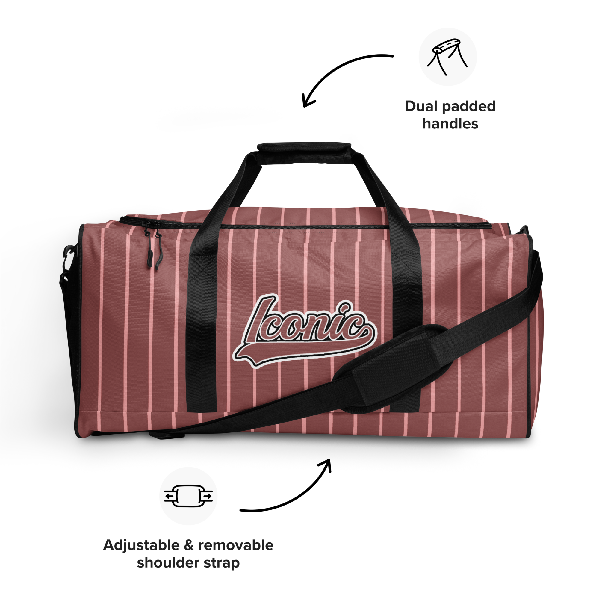 ROYAL Team Iconic. Athletix Duffle Duffel Bag Pinstripe Rose Gold and Powder Pink