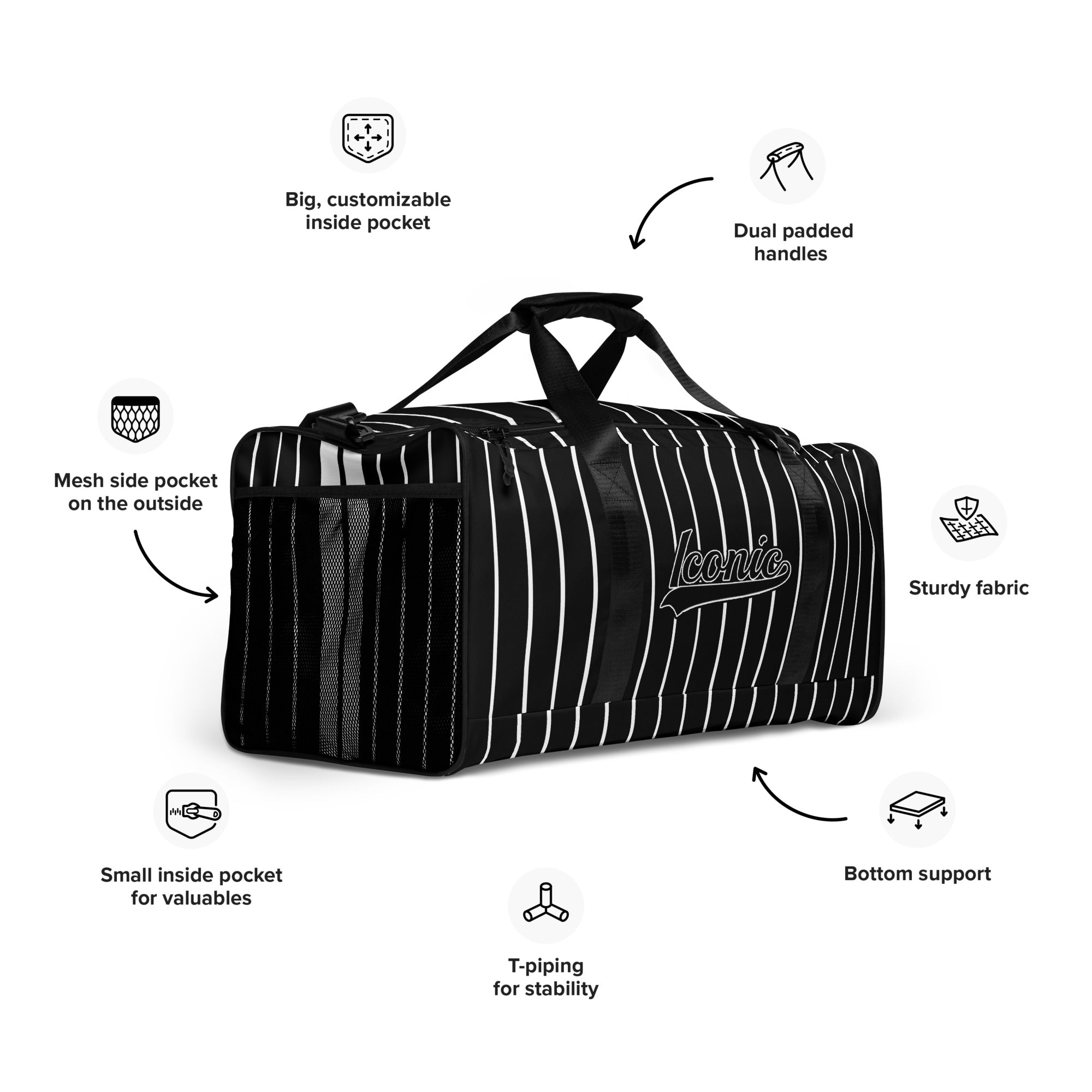 ROYAL Team Iconic. Athletix Duffle Duffel Bag Pinstripe Blk and White