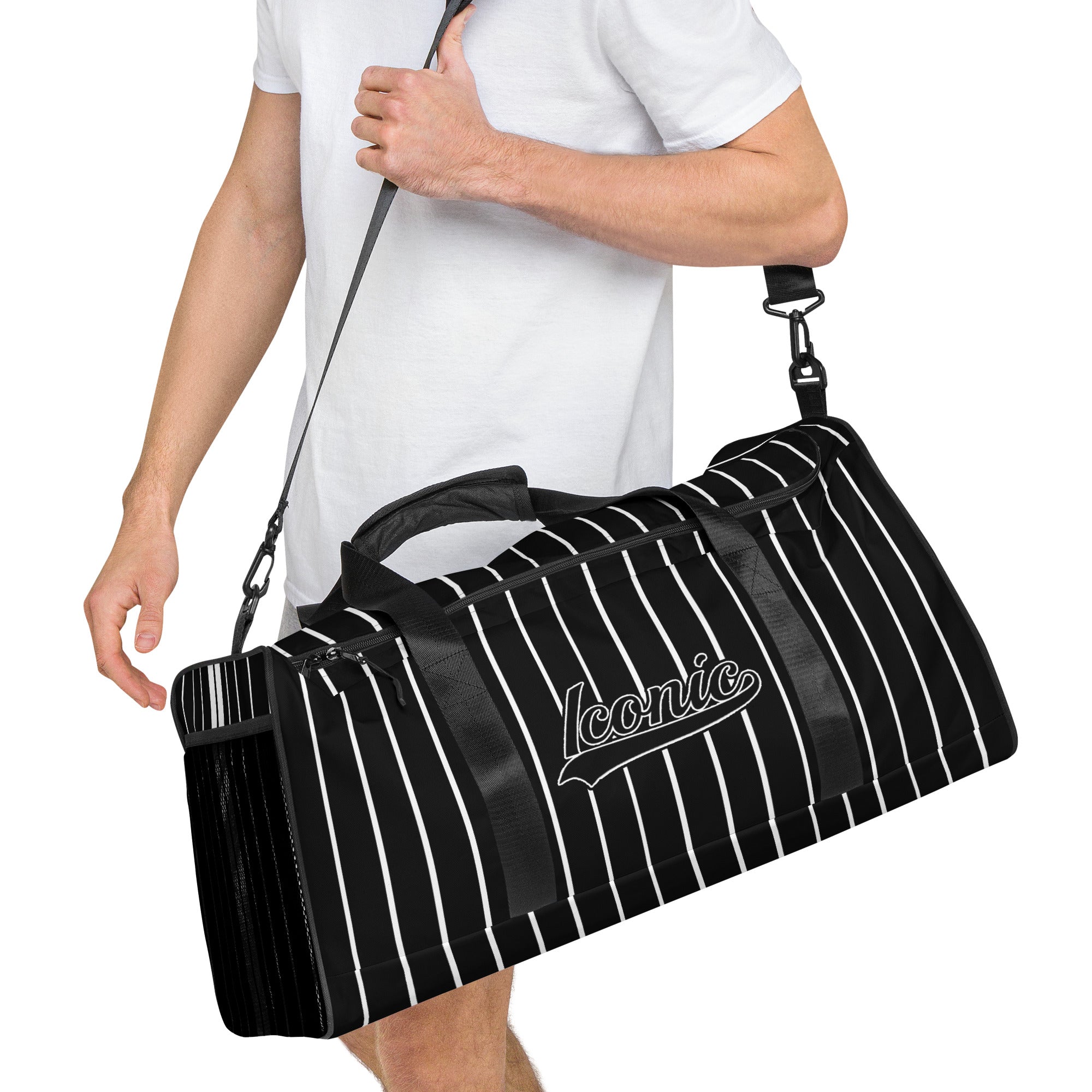 ROYAL Team Iconic. Athletix Duffle Duffel Bag Pinstripe Blk and White