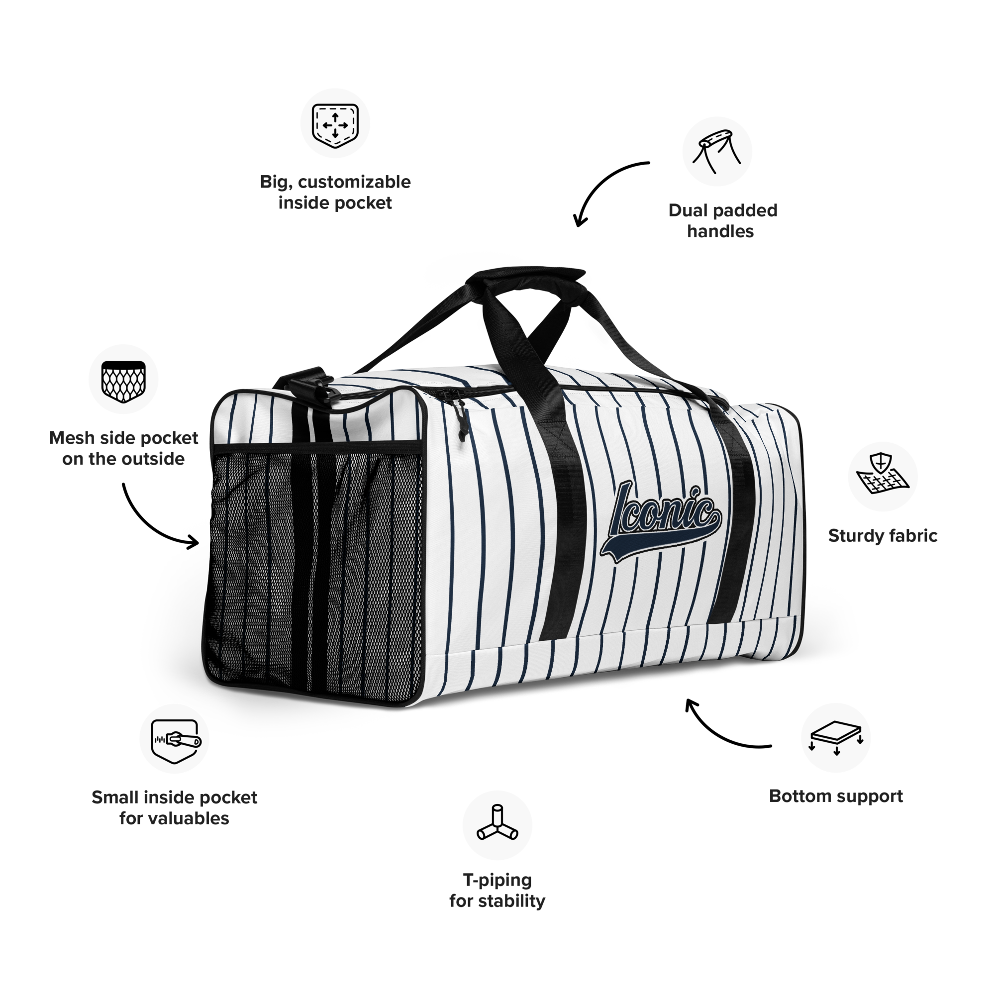 ROYAL Team Iconic. Athletix Duffle Duffel Bag Pinstripe Wh and Navy