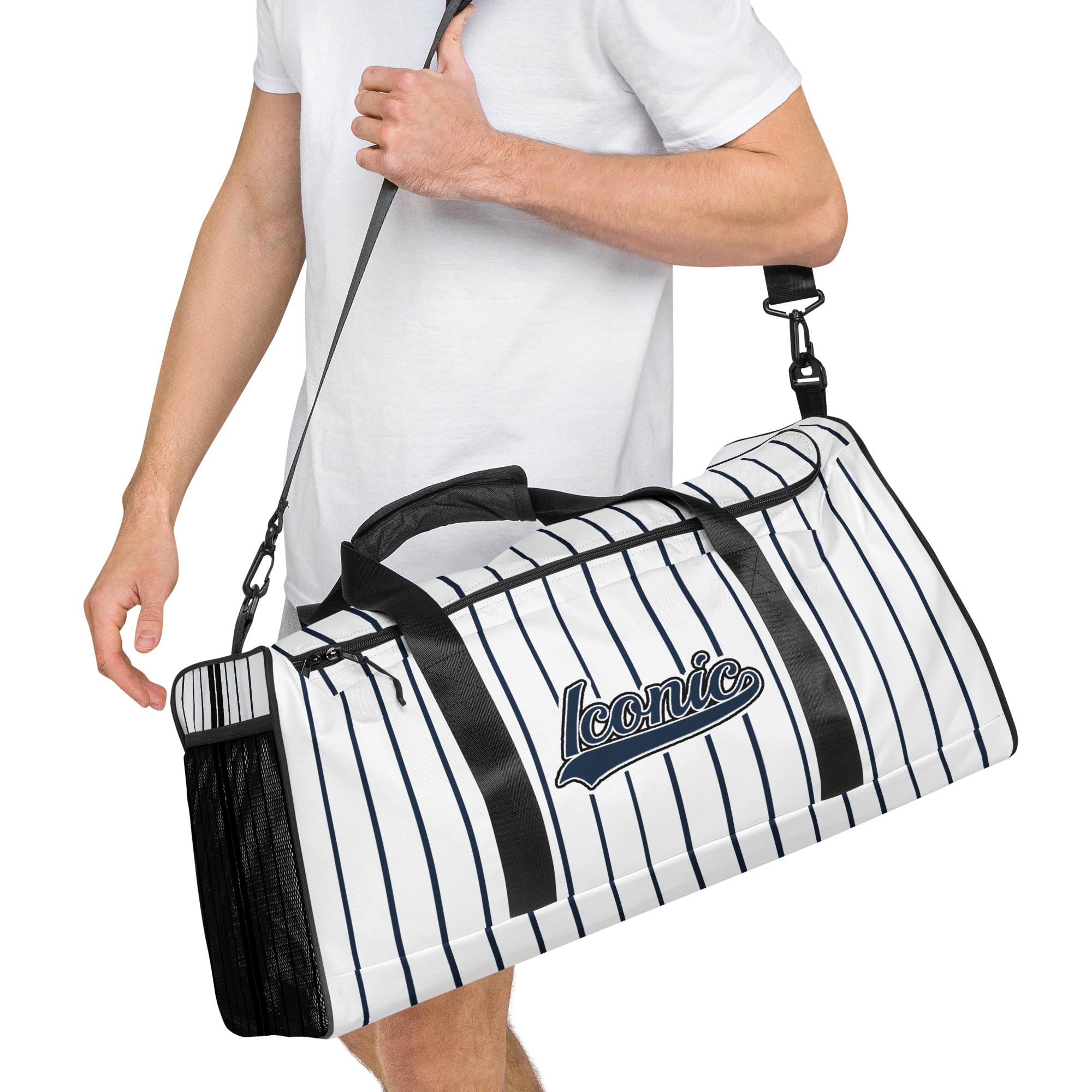 ROYAL Team Iconic. Athletix Duffle Duffel Bag Pinstripe Wh and Navy