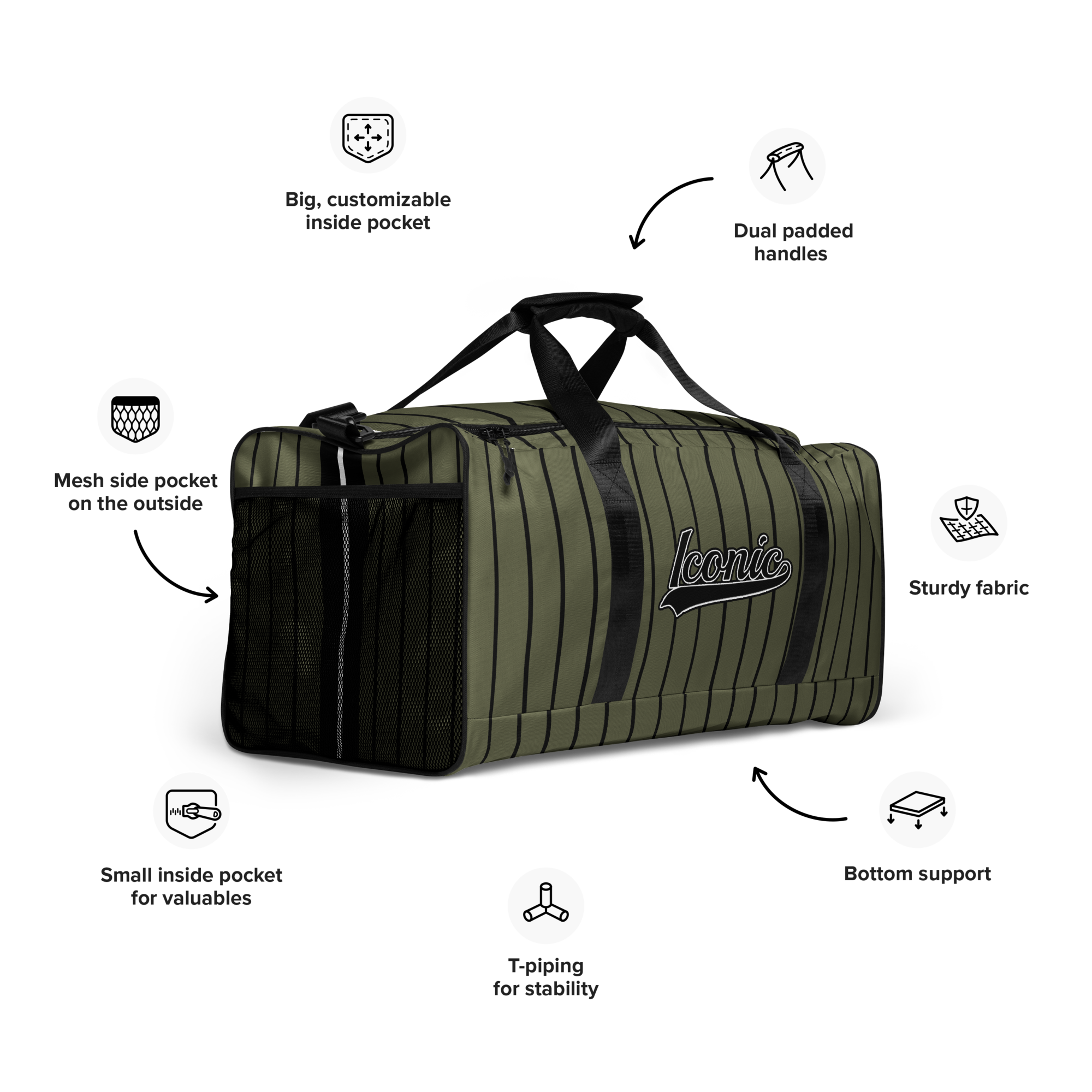 ROYAL Team Iconic. Athletix Duffle Duffel Bag Pinstripe Martini Olive and Blk