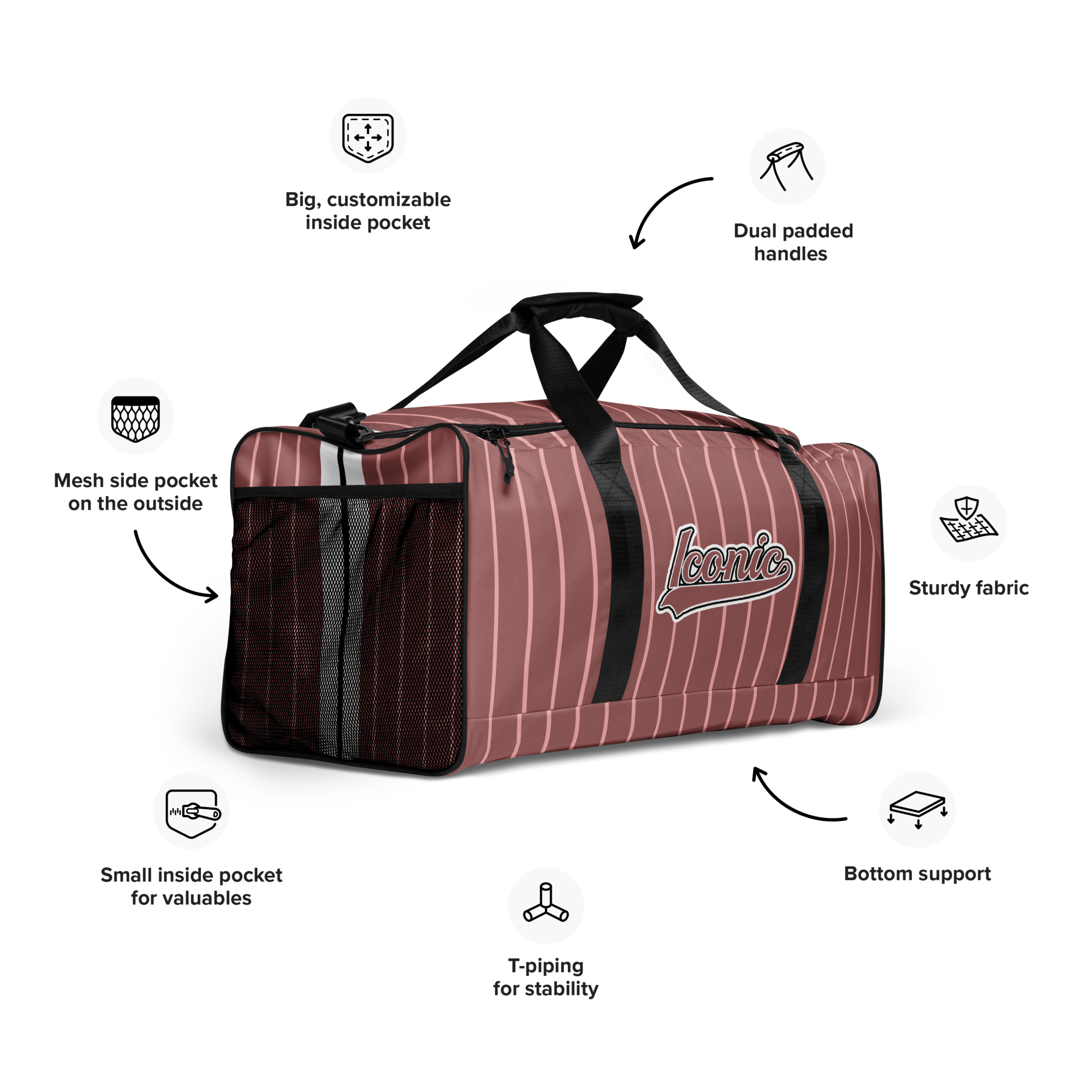 ROYAL Team Iconic. Athletix Duffle Duffel Bag Pinstripe Rose Gold and Powder Pink