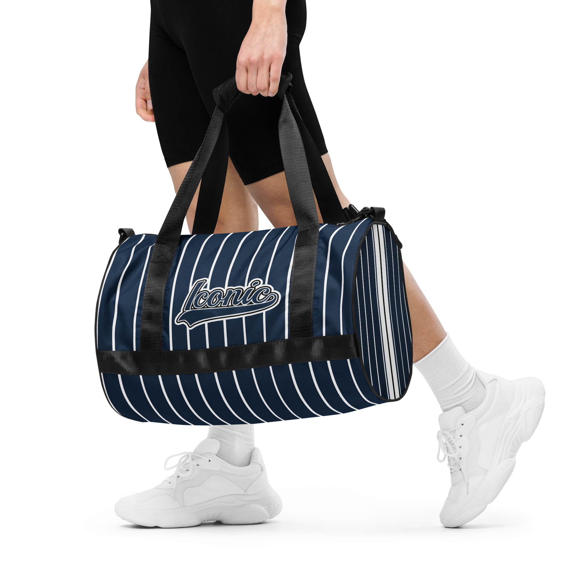 ROYAL Team Iconic. Athletix Mini Duffle Gym Bag Pinstripe Navy and Wh