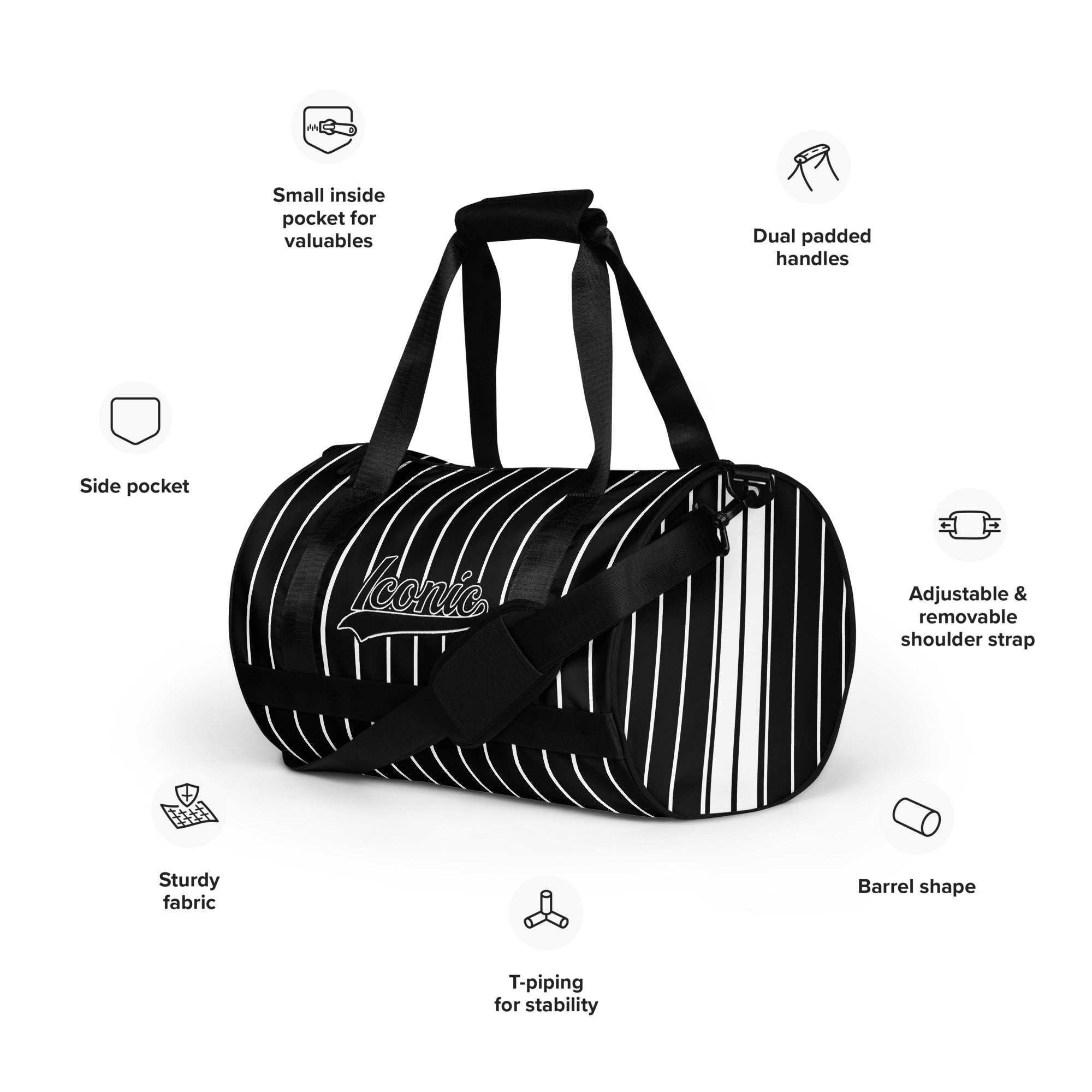 ROYAL Team Iconic. Athletix Mini Duffle Gym Bag Pinstripe Blk and White