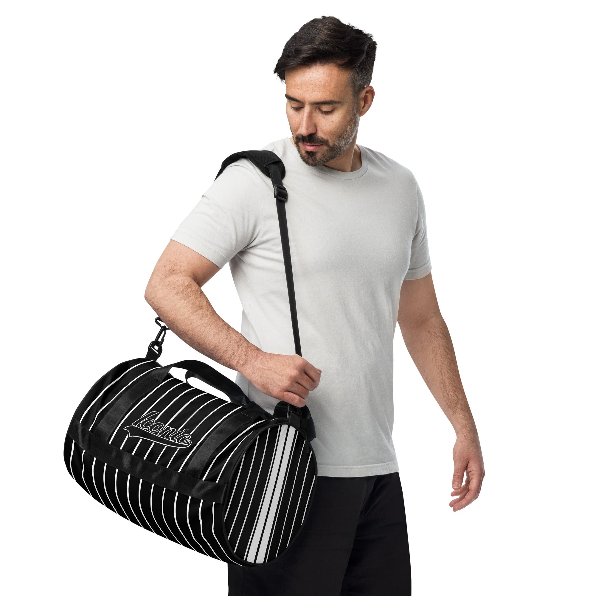 ROYAL Team Iconic. Athletix Mini Duffle Gym Bag Pinstripe Blk and White