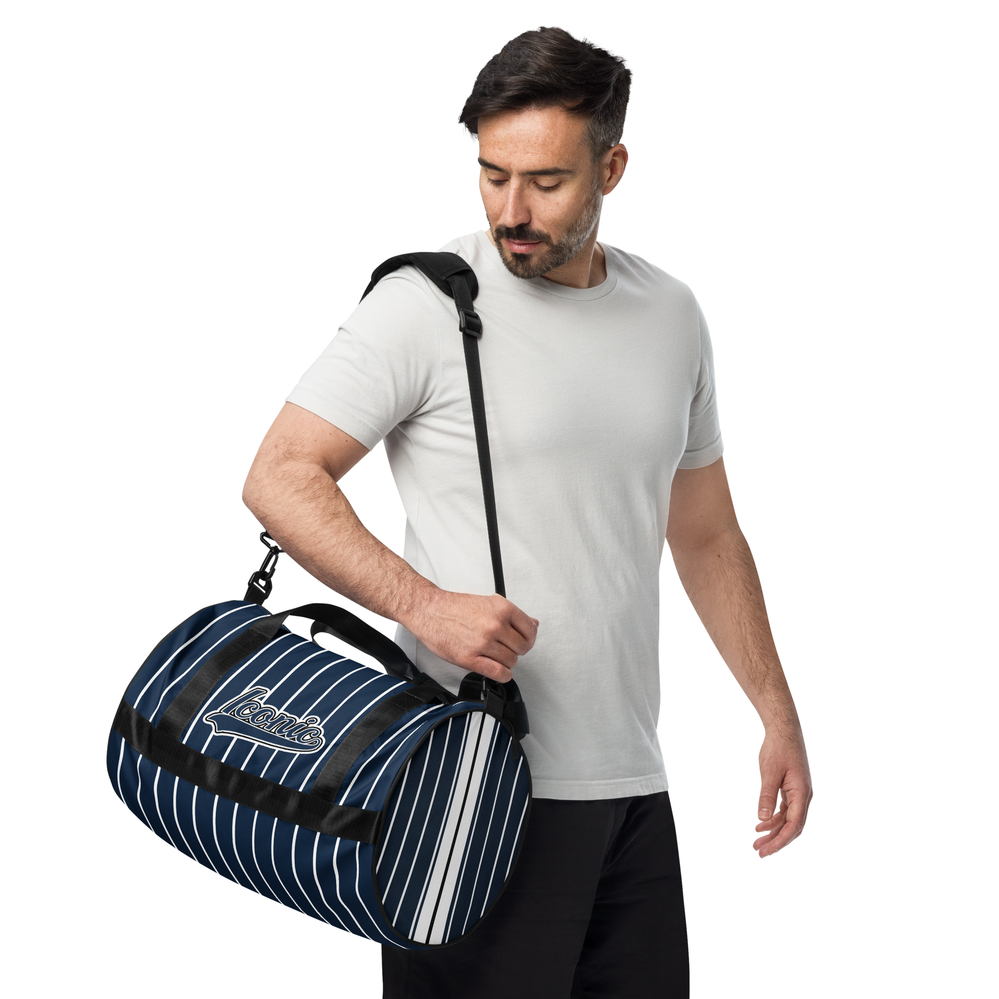 ROYAL Team Iconic. Athletix Mini Duffle Gym Bag Pinstripe Navy and Wh