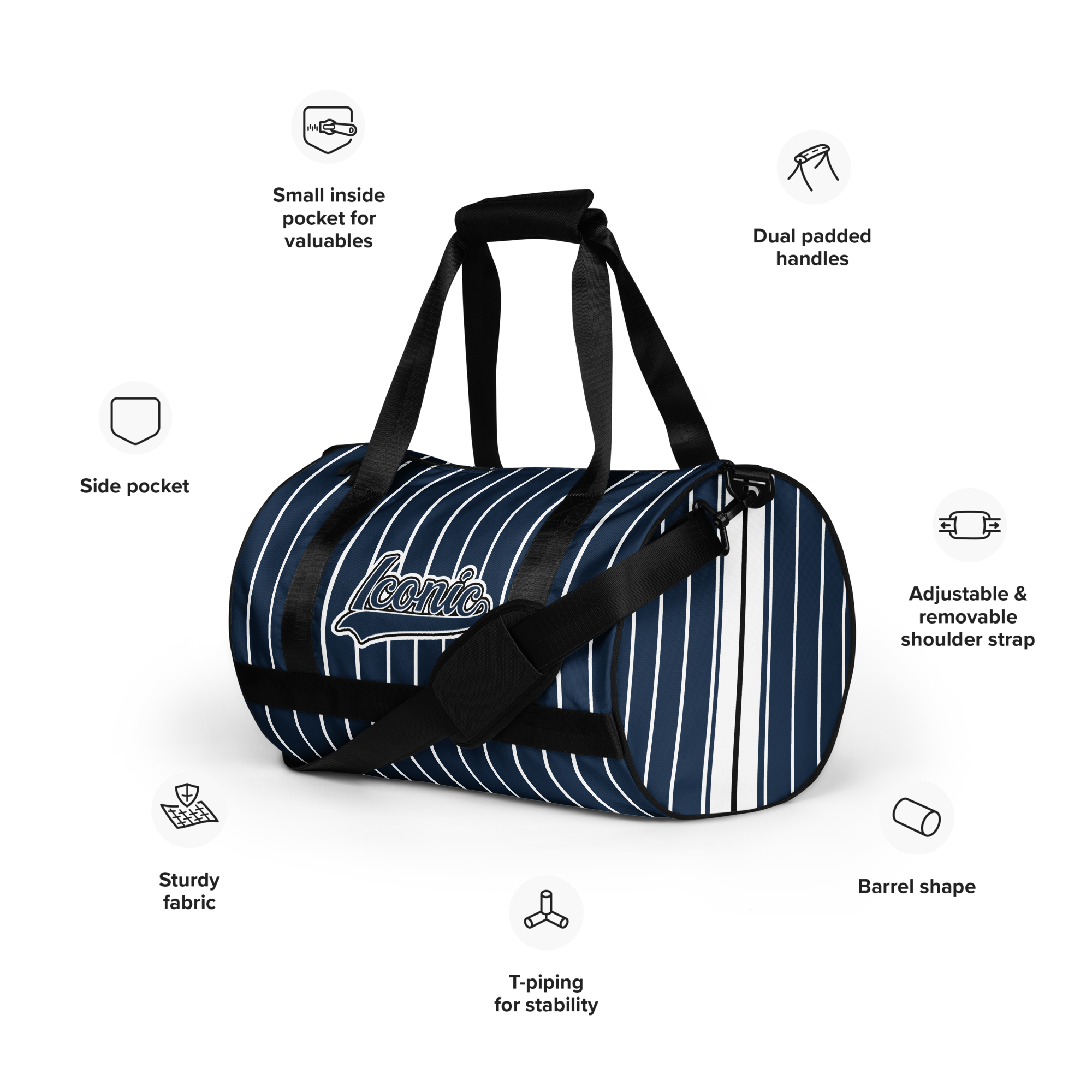 ROYAL Team Iconic. Athletix Mini Duffle Gym Bag Pinstripe Navy and Wh