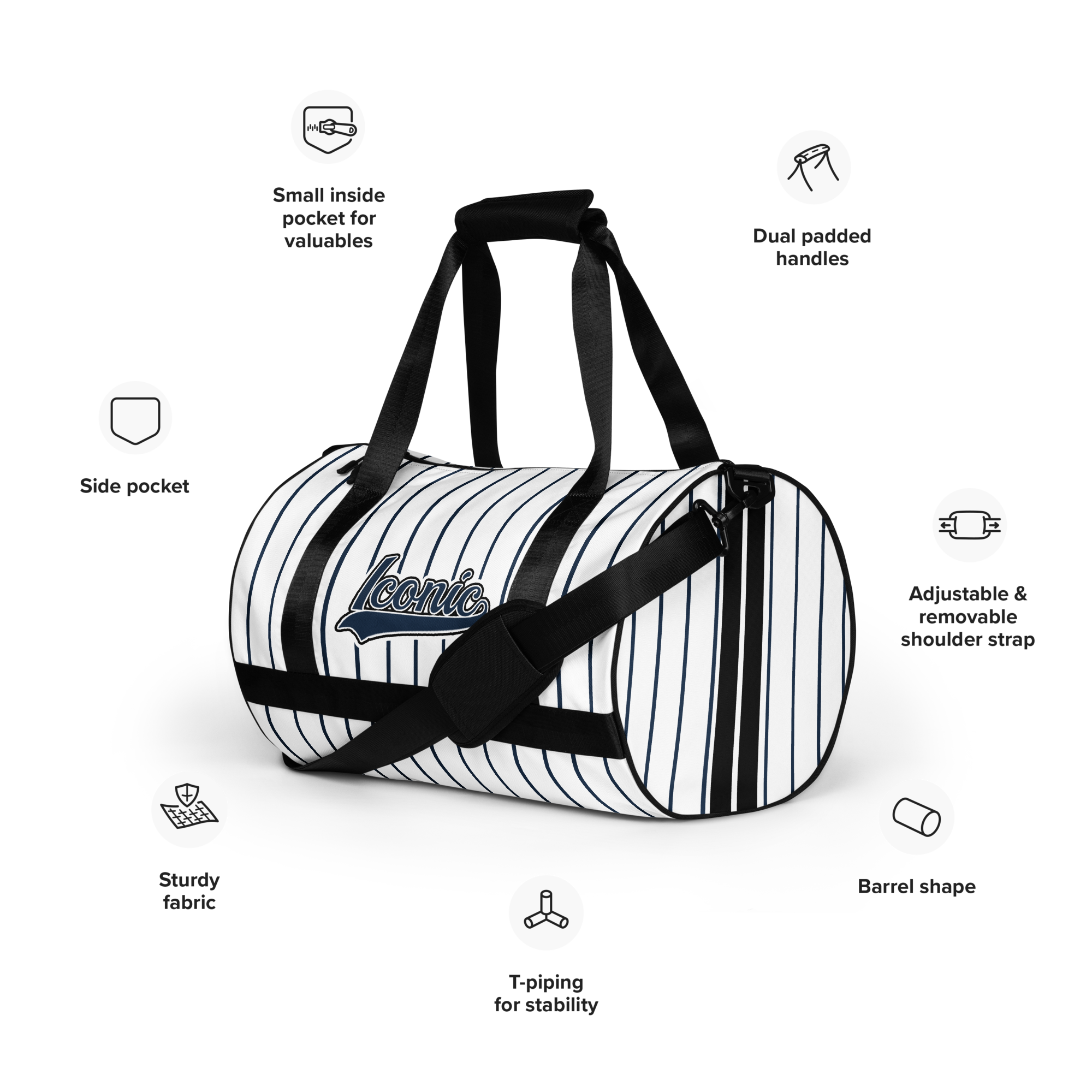 ROYAL Team Iconic. Athletix Mini Duffle Gym Bag Pinstripe Wh and Navy