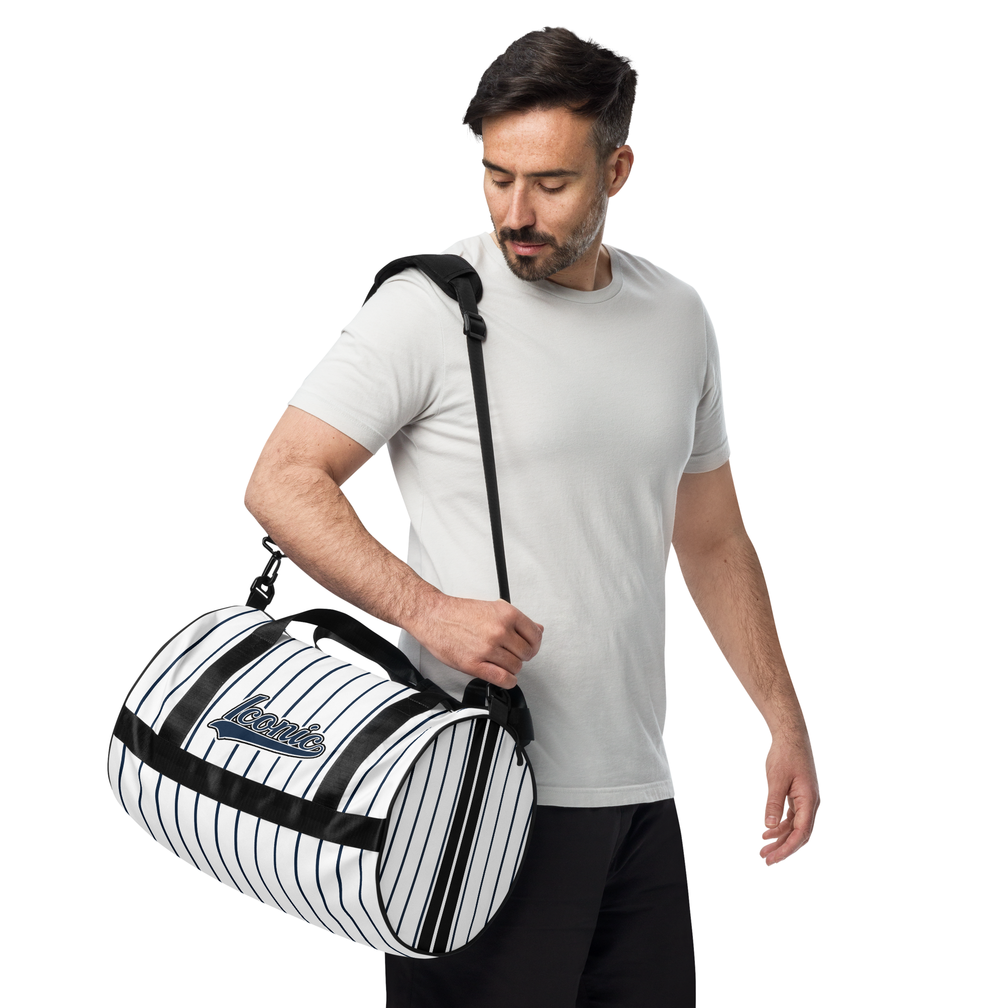 ROYAL Team Iconic. Athletix Mini Duffle Gym Bag Pinstripe Wh and Navy