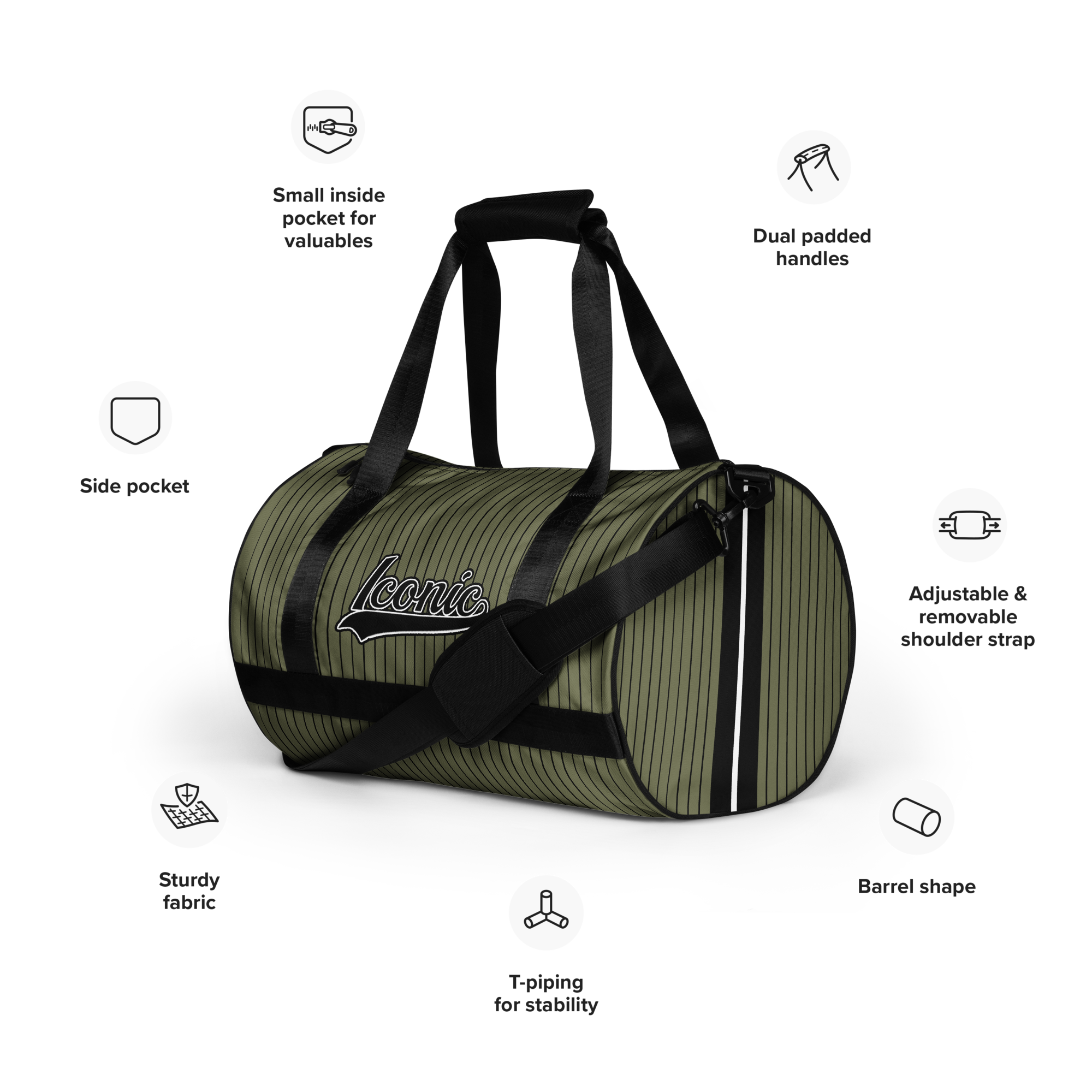 ROYAL Team Iconic. Athletix Mini Duffle Gym Bag Pinstripe Martini Olive and Blk