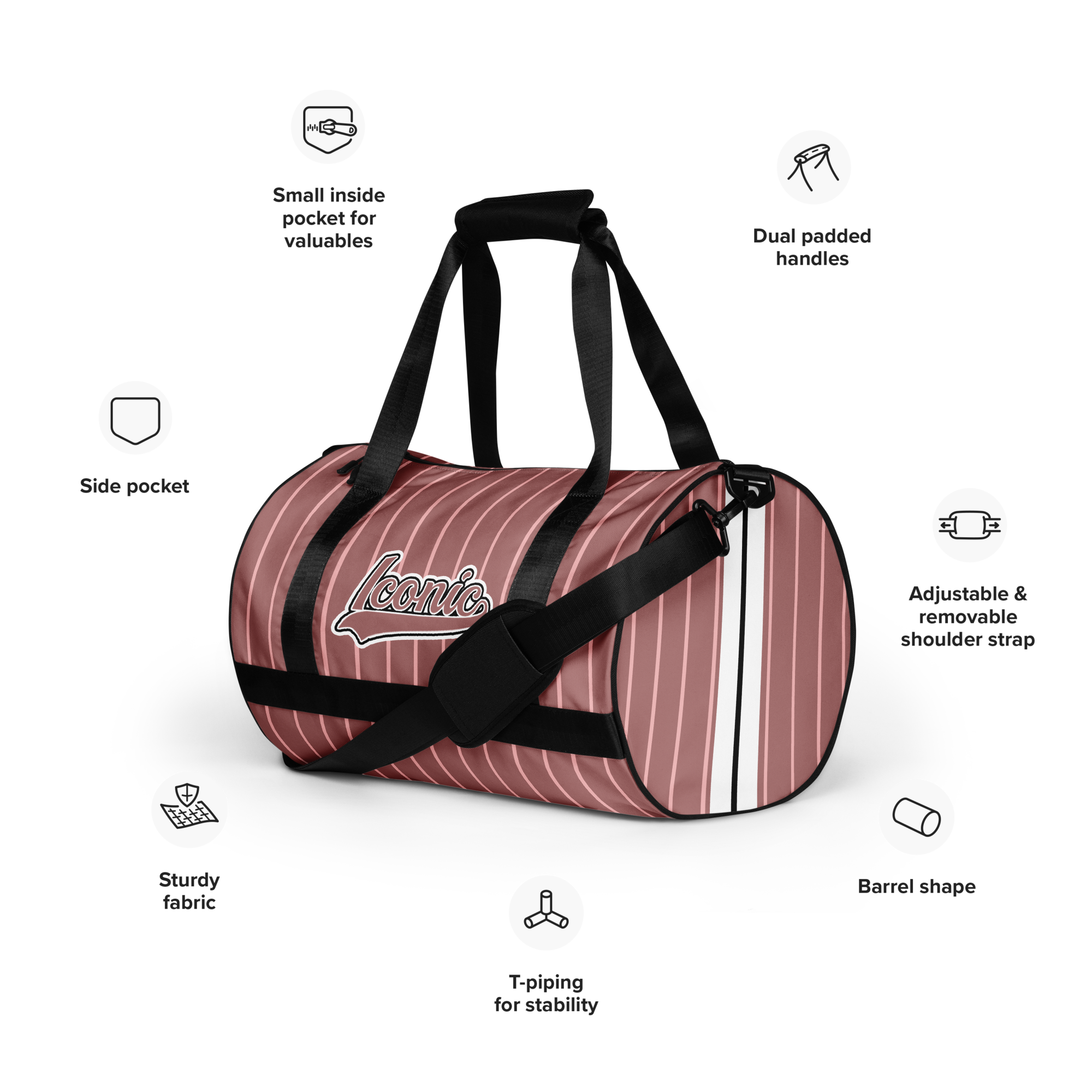 ROYAL Team Iconic. Athletix Mini Duffle Gym Bag Pinstripe Rose Gold and Powder Pink