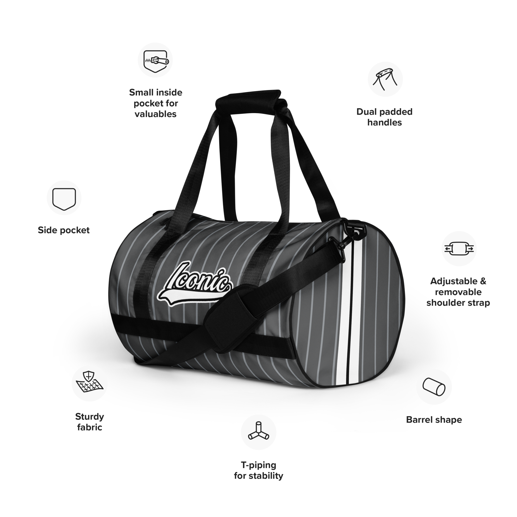 ROYAL Team Iconic. Athletix Mini Duffle Gym Bag Pinstripe 50 Shades Deep Dusk and Cool Grey