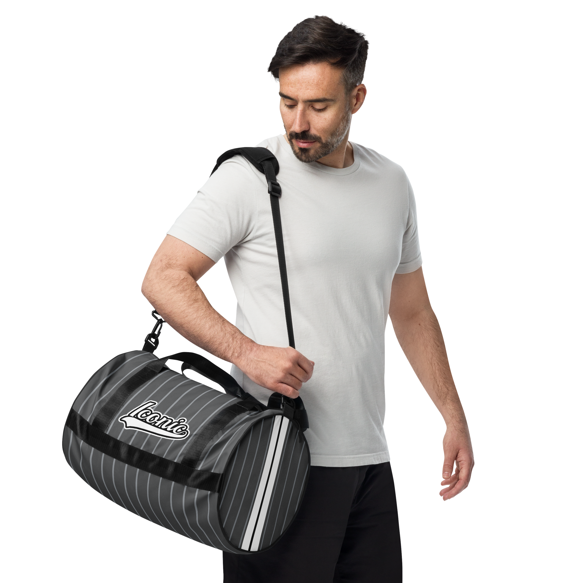 ROYAL Team Iconic. Athletix Mini Duffle Gym Bag Pinstripe 50 Shades Deep Dusk and Cool Grey