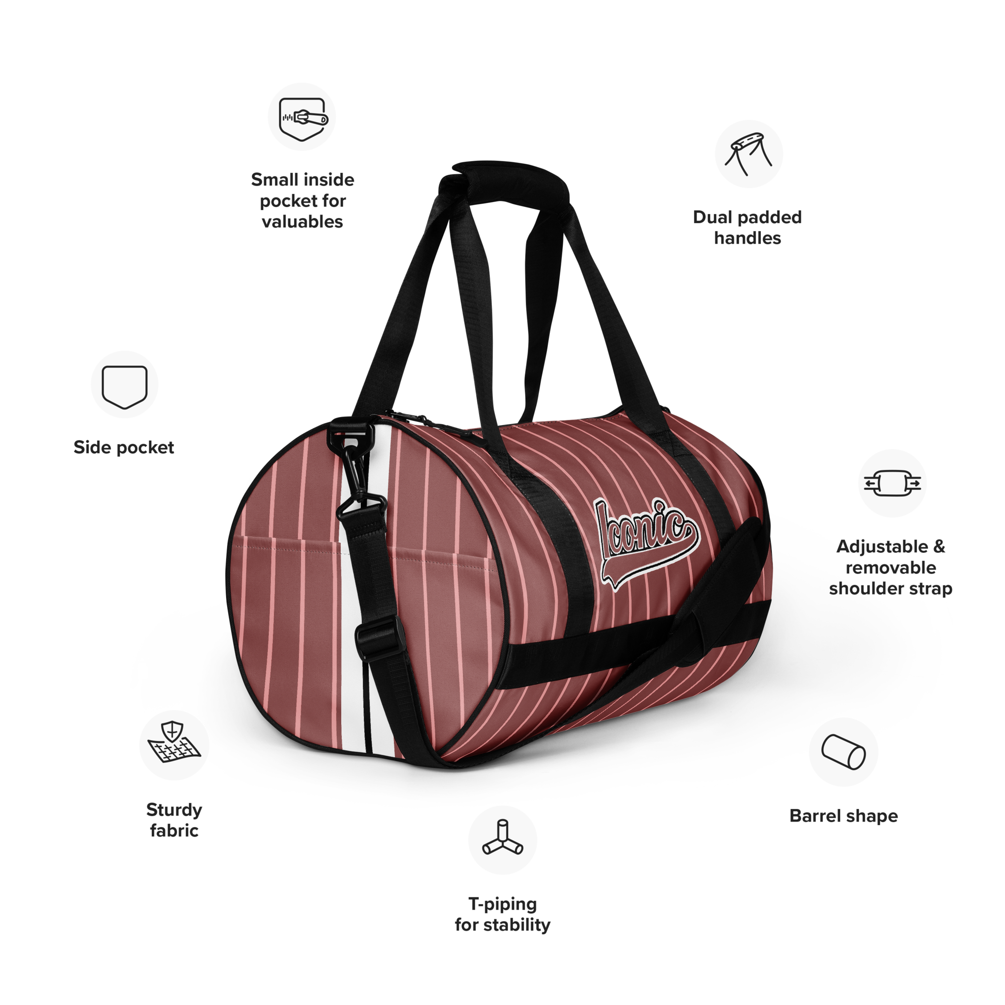 ROYAL Team Iconic. Athletix Mini Duffle Gym Bag Pinstripe Rose Gold and Powder Pink