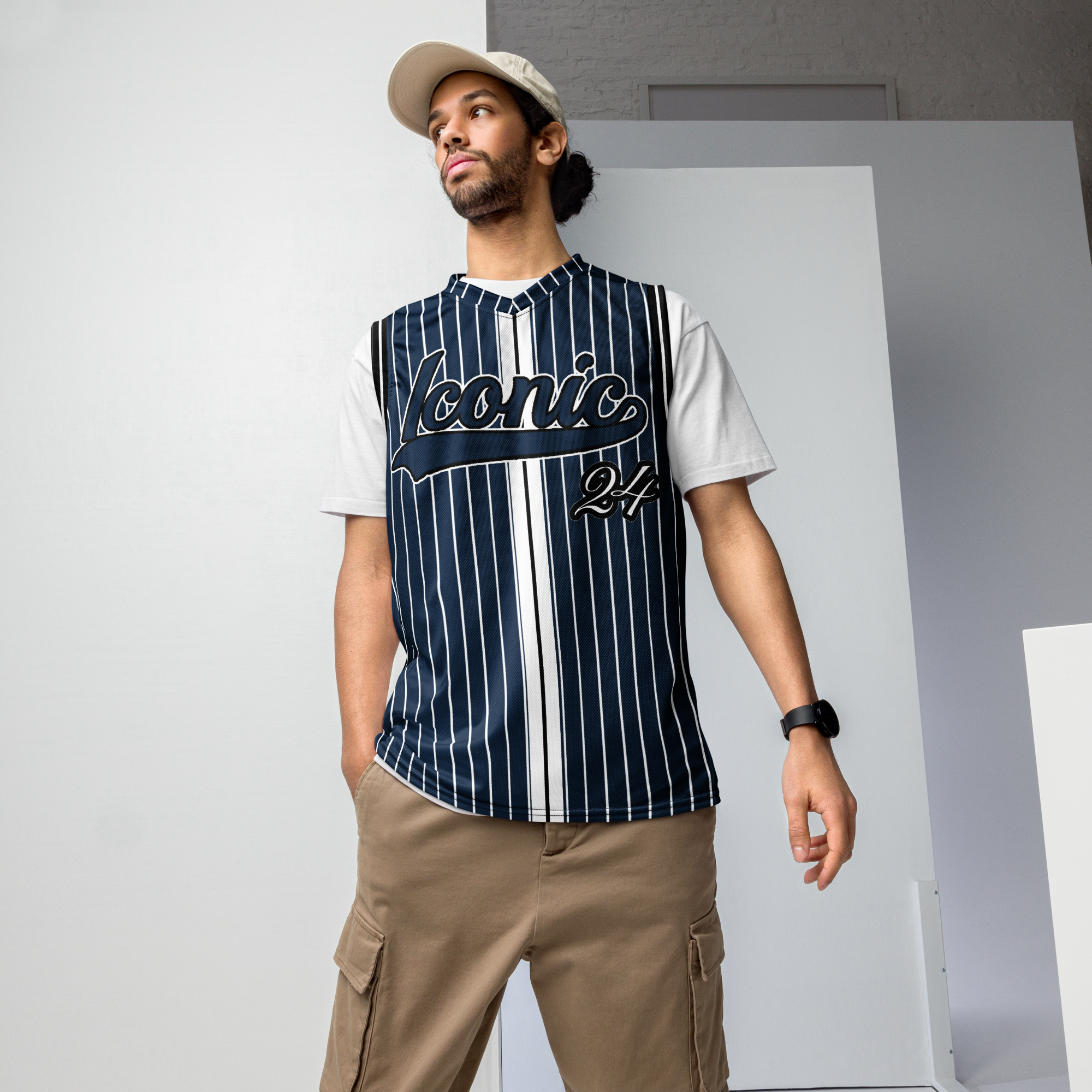 ROYAL Team Iconic. unisex basketball jersey Pinstripe Navy and Wh