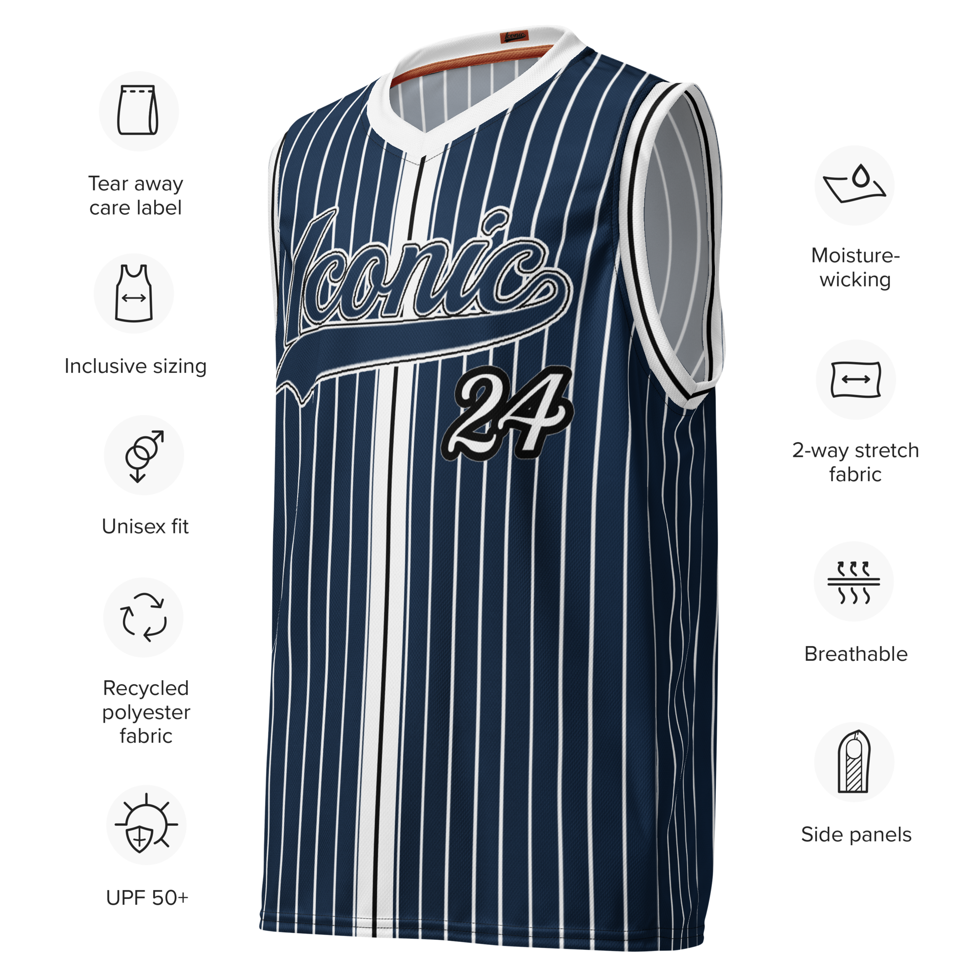 ROYAL Team Iconic. unisex basketball jersey Pinstripe Navy and Wh