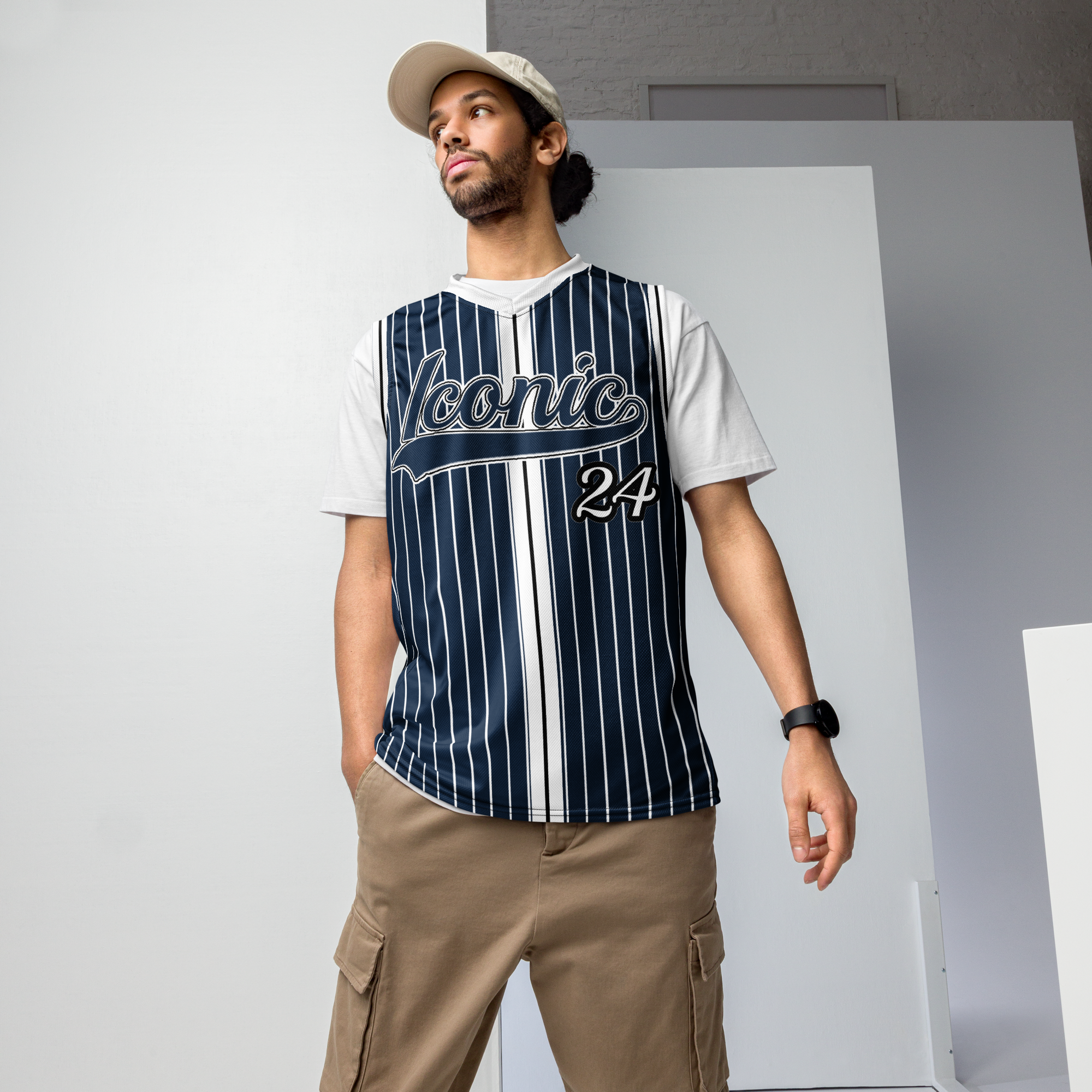 ROYAL Team Iconic. unisex basketball jersey Pinstripe Navy and Wh