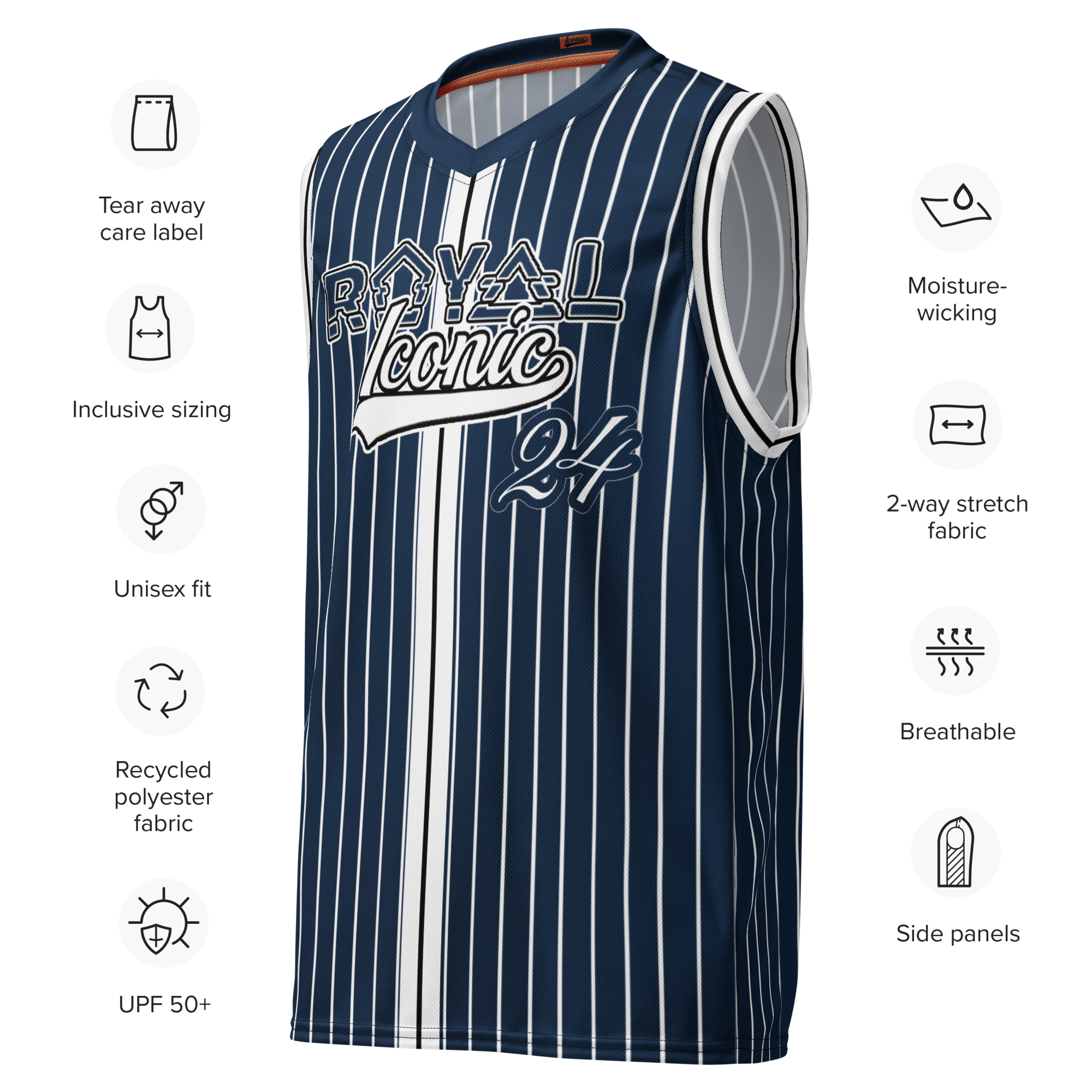 ROYAL Team Iconic. unisex basketball jersey Pinstripe Navy and Wh