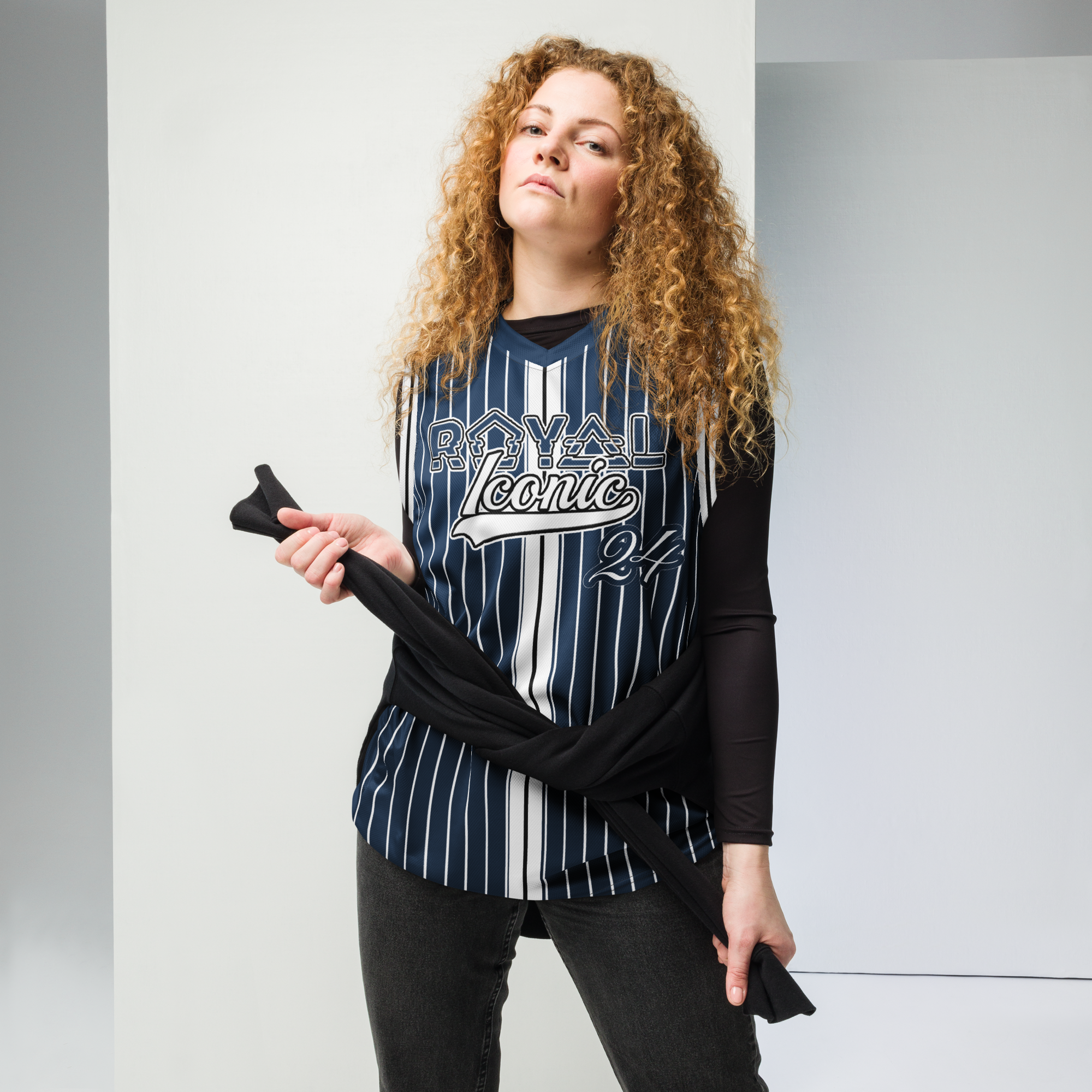 ROYAL Team Iconic. unisex basketball jersey Pinstripe Navy and Wh