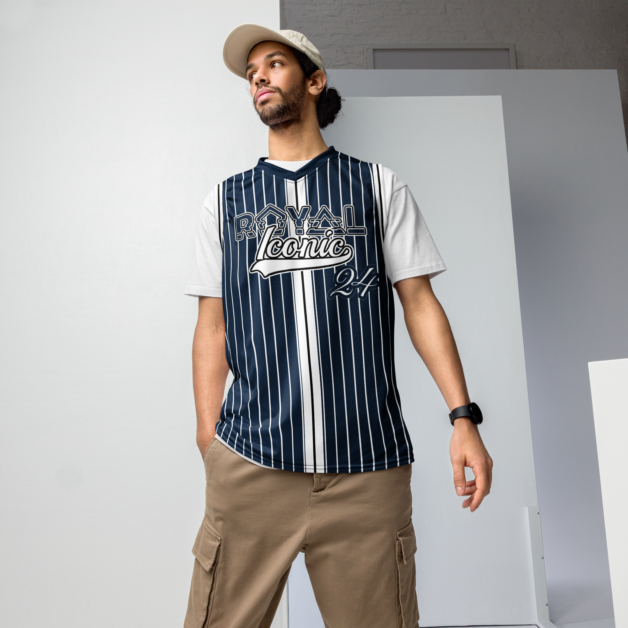 ROYAL Team Iconic. unisex basketball jersey Pinstripe Navy and Wh