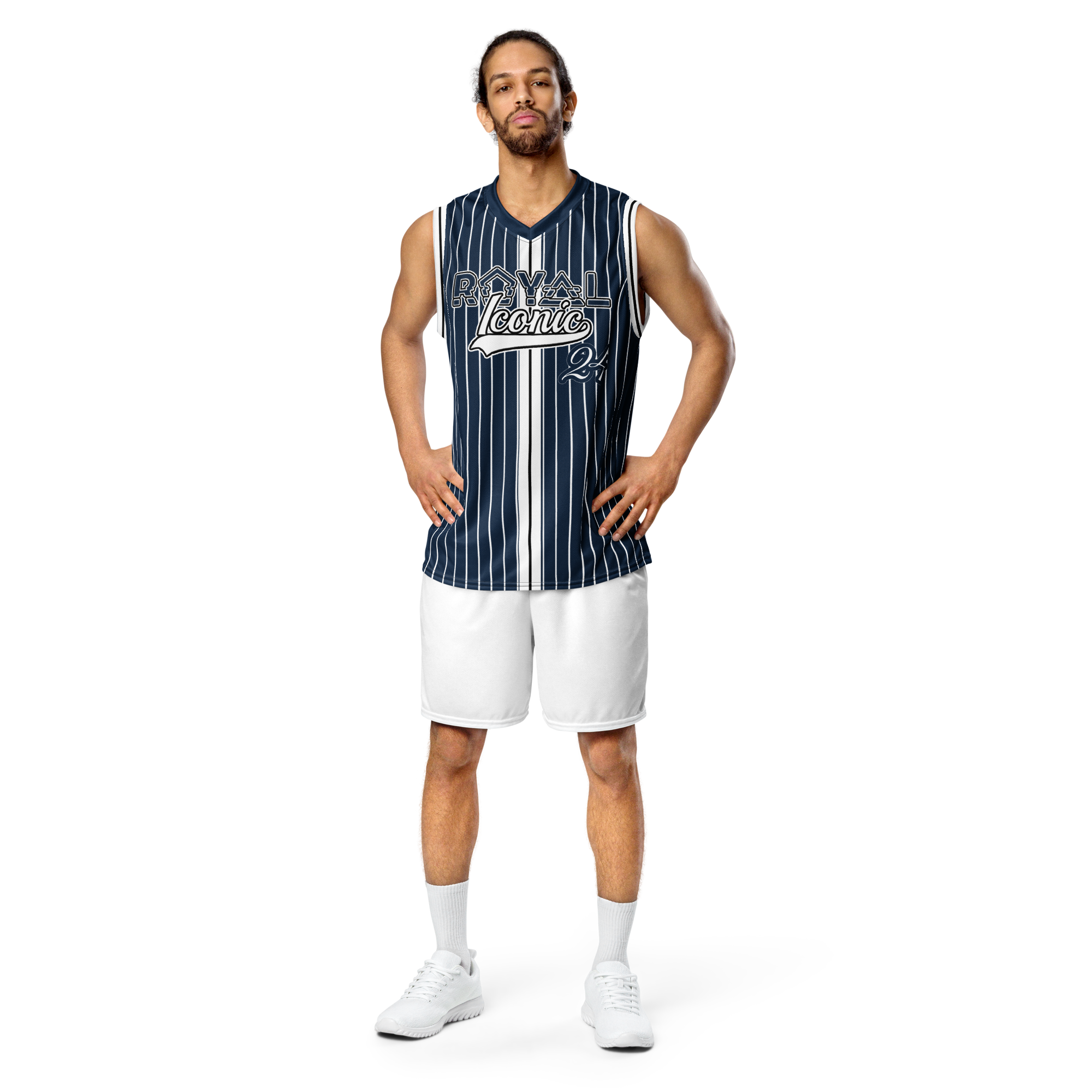 ROYAL Team Iconic. unisex basketball jersey Pinstripe Navy and Wh