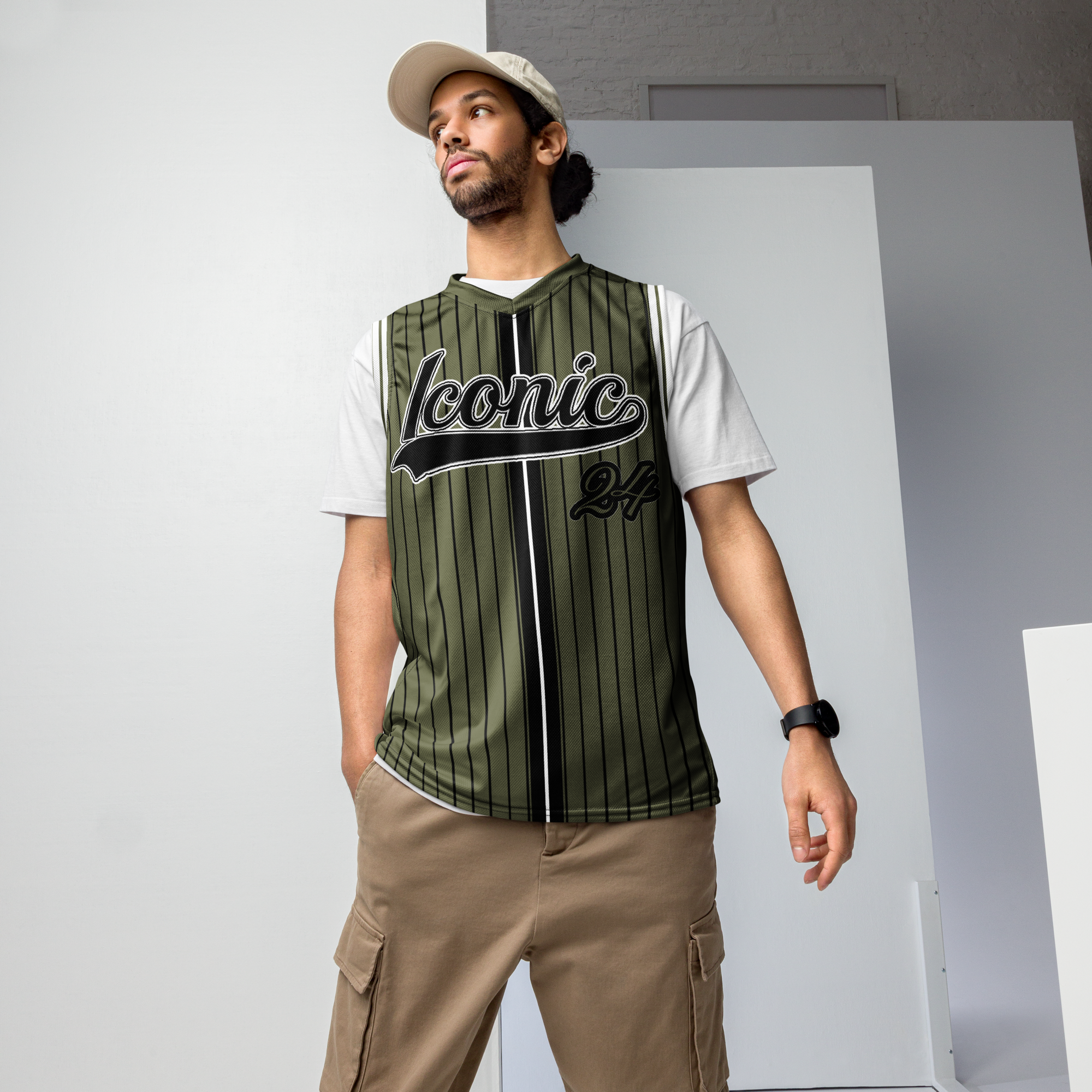 ROYAL Team Iconic. unisex basketball jersey Pinstripe Martini Olive and Blk