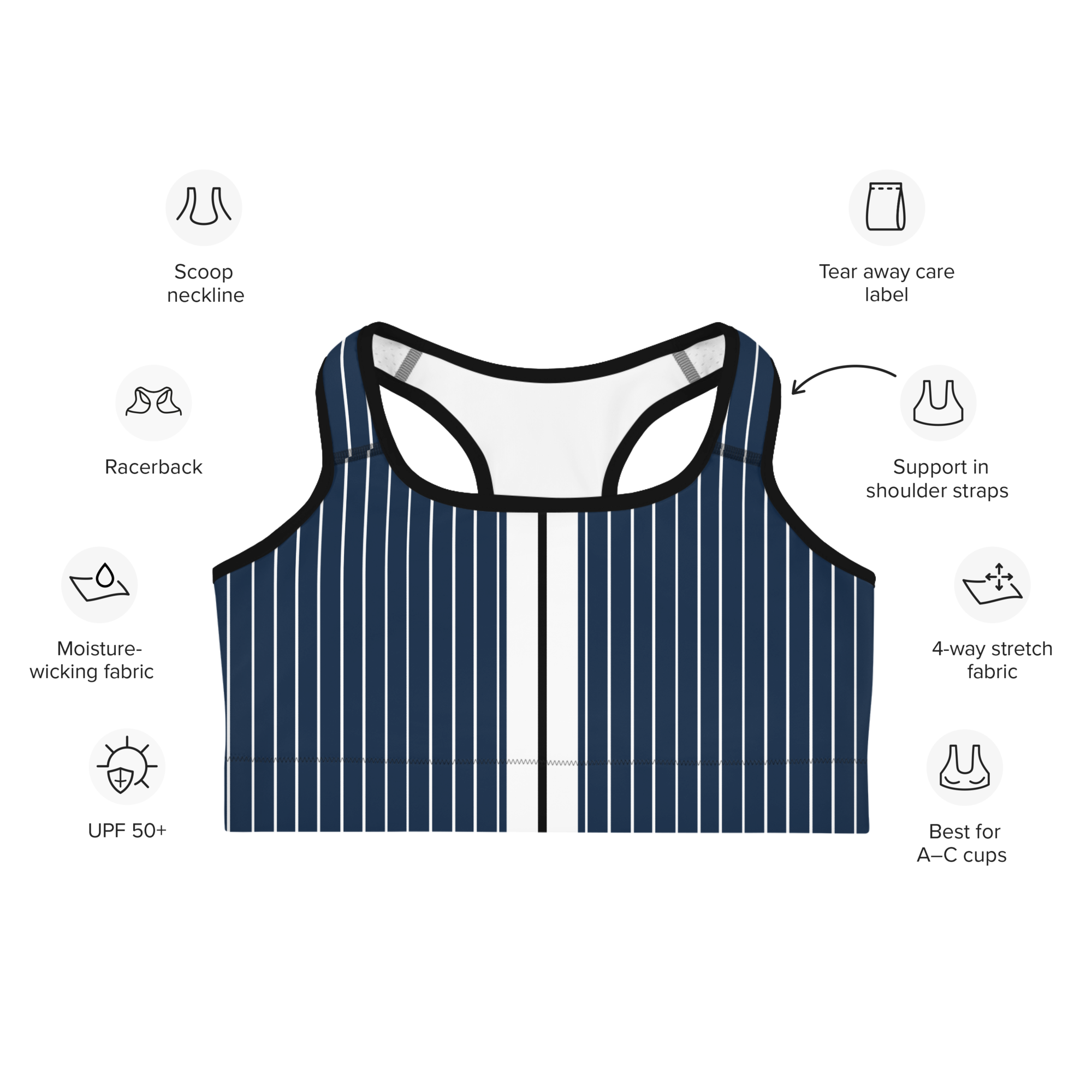 ROYAL Team Iconic. Athletix Sports Bra Pinstripe Navy and Wh