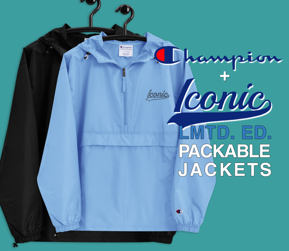 CHAMPION + ROYAL ICONIC. | Retro Embroidered Logo Unisex Hooded Packable Windbreaker Lite Coaches Jacket Blue Vintage Classic