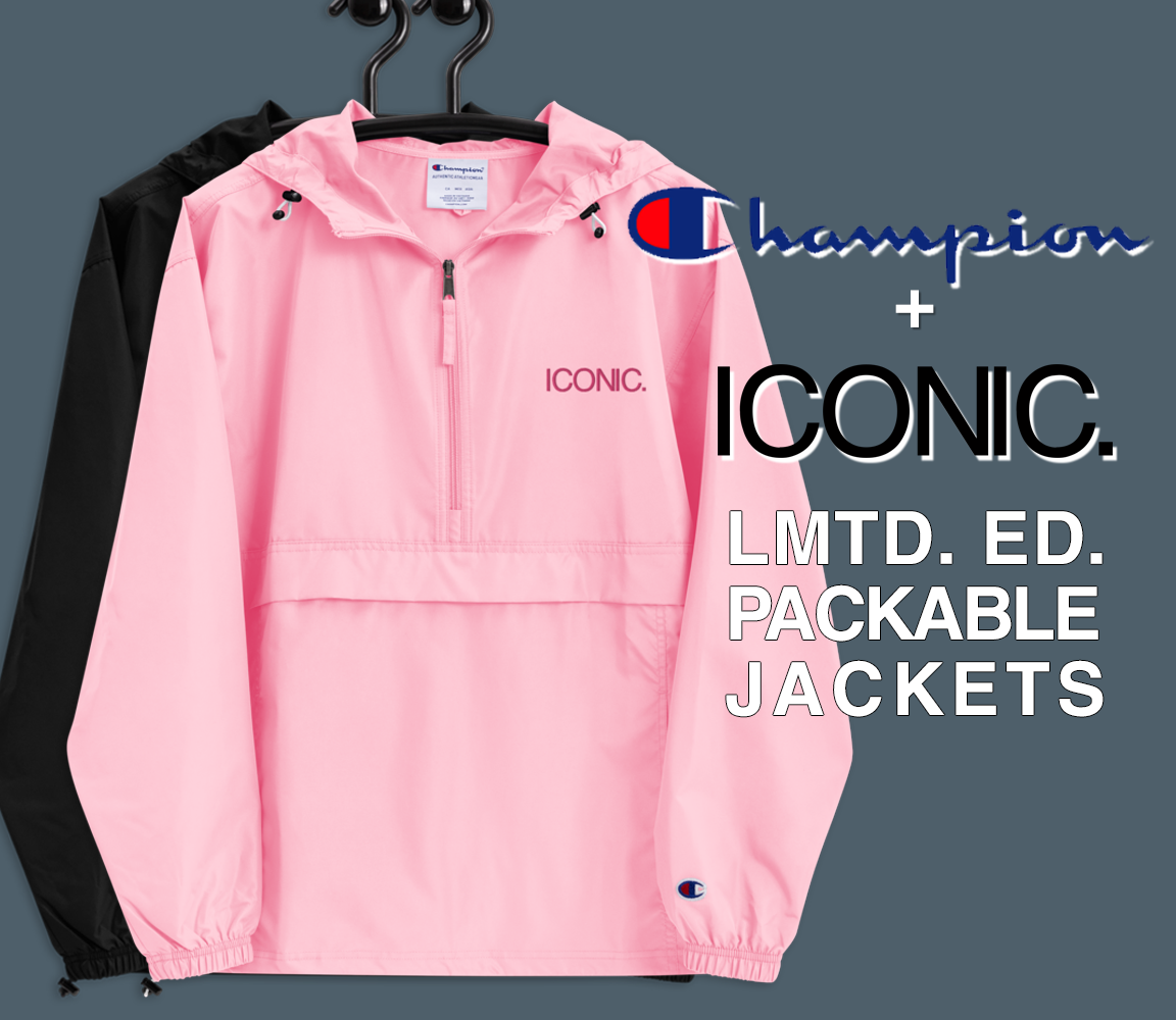 CHAMPION + ROYAL ICONIC. | Embroidered Logo Unisex Hooded Packable Windbreaker Coaches Jacket Candy Pink w/ Flamingo Logo
