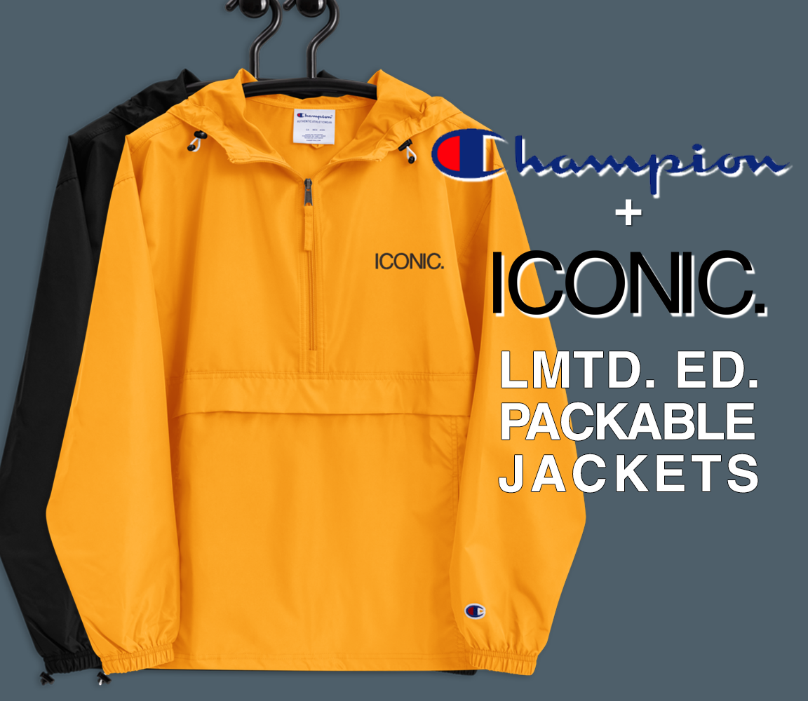CHAMPION + ROYAL ICONIC. | Embroidered Logo Unisex Hooded Packable Windbreaker Coaches Jacket Gold w/Black Logo