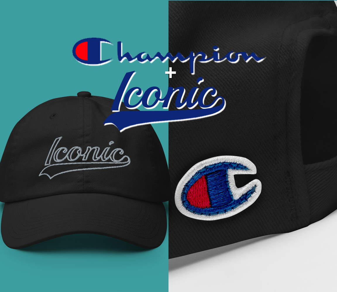 CHAMPION + ROYAL ICONIC. | Retro Embroidered Logo Unisex Classic Cap Dad Hat Mom Cap Black w/ Grey Classic Baseball Logo White Logo Option