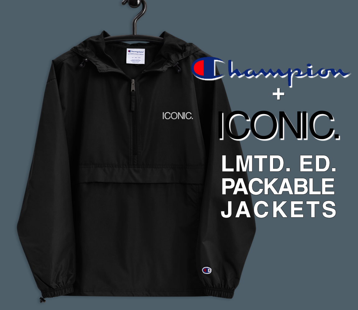 CHAMPION + ROYAL ICONIC. | Embroidered Logo Unisex Hooded Packable Windbreaker Coaches Jacket Black White Logo