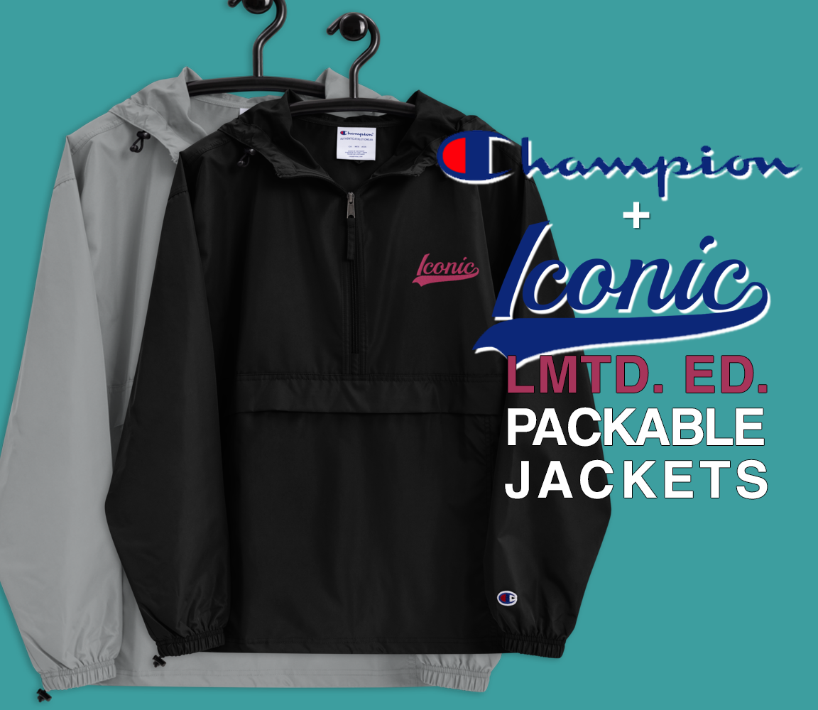 CHAMPION + ROYAL ICONIC. | Embroidered Logo Unisex Hooded Packable Windbreaker Lite Coaches Jacket Black w/ Pretty in Pink Baseball Logo