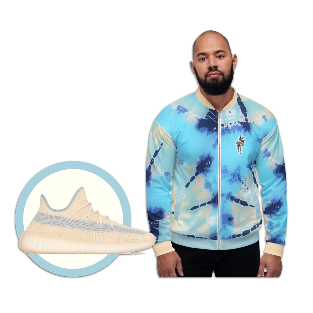 CRXWN | Drip or Dye Ice Blue Sky Linen Ice Dye UNISEX Bomber Jacket Hearts Around the World Live Love Laugh