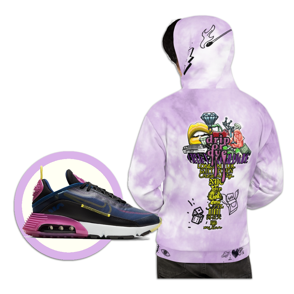 CRXWN | Drip or Dye Violet Photon Dust Ice Dye UNISEX HOODIE Hearts Around the World Live Love Laugh