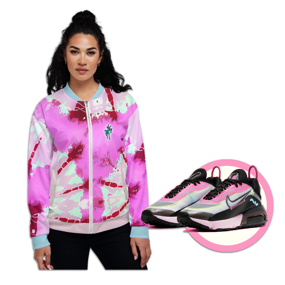 CRXWN | Drip or Dye Miami Nights Pink Foam Ice Dye UNISEX Bomber Jacket Hearts Around the World Live Love Laugh