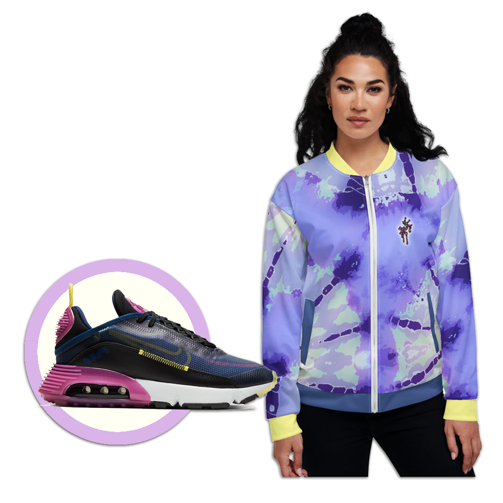 CRXWN | Drip or Dye Violet Photon Dust Ice Dye UNISEX Bomber Jacket Hearts Around the World Live Love Laugh