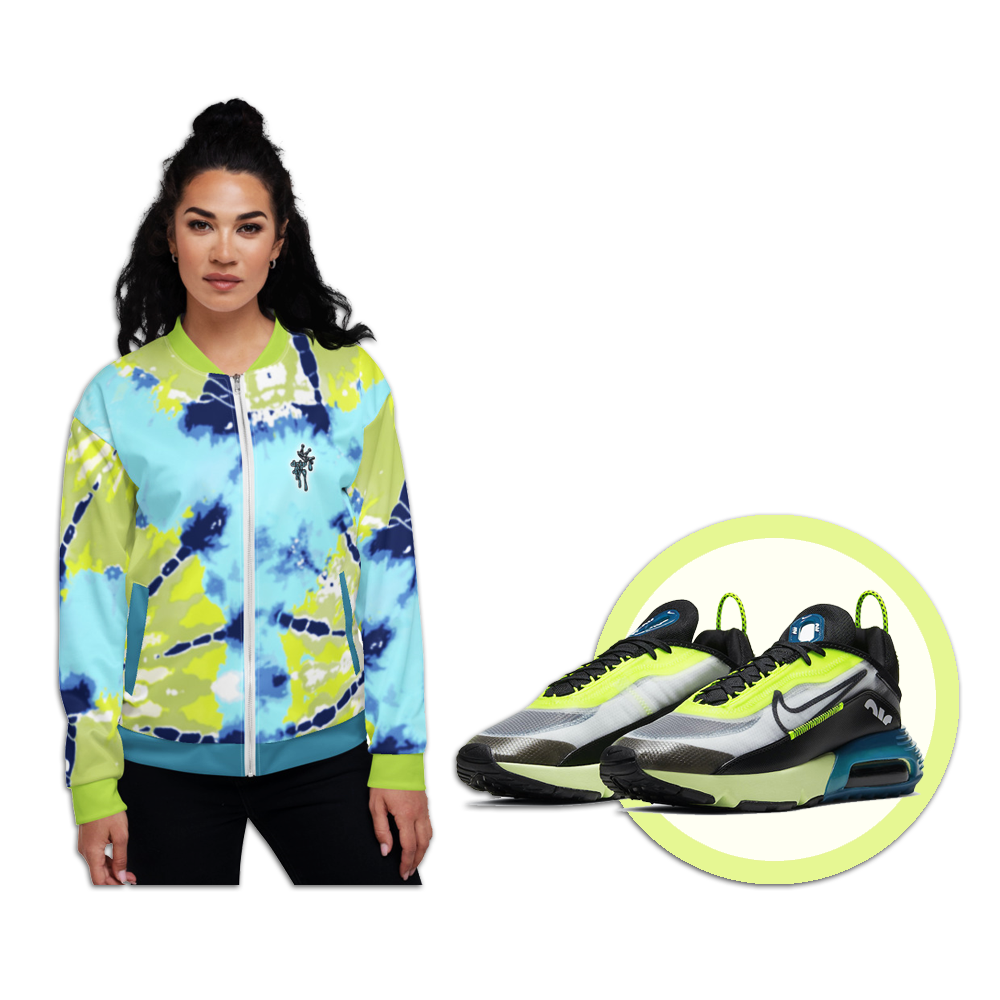 CRXWN | Drip or Dye Moss Green Ice Dye UNISEX Bomber Jacket Hearts Around the World Live Love Laugh