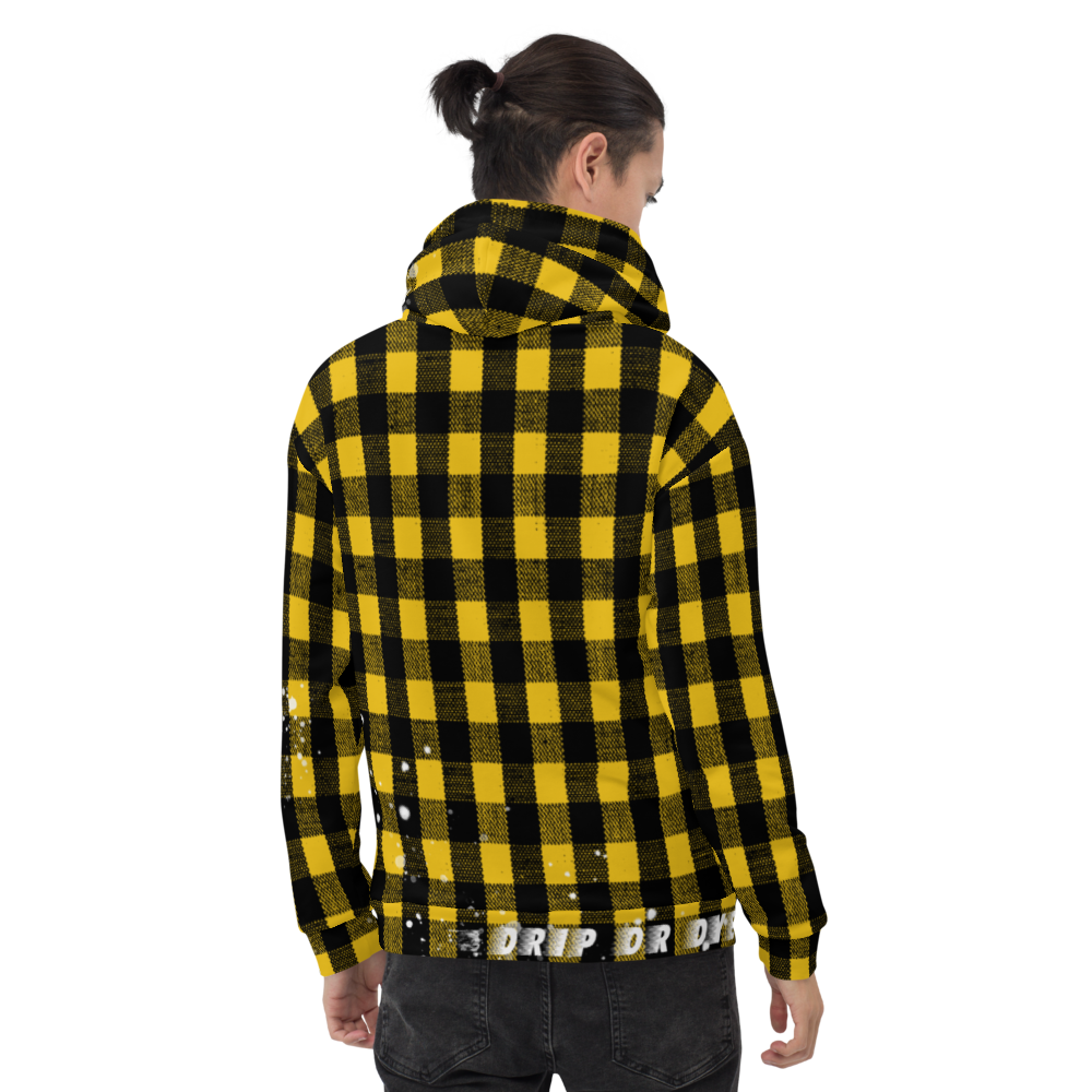 CRXWN | Drip or Dye | Plaid Season 1 Unisex Hoodie Custom Buffalo Plaid Retro Grunge Paint Splatter 12 Retro Black UNIVERSITY GOLD