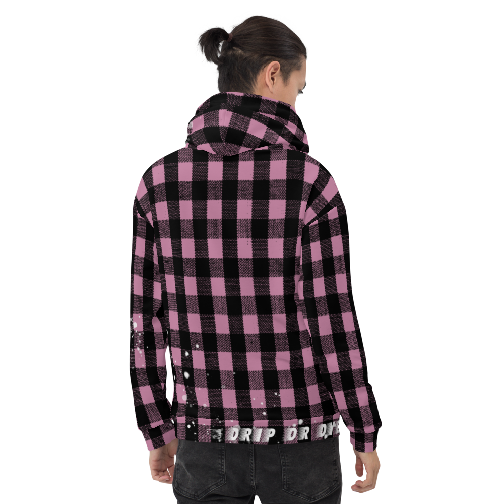 CRXWN | Drip or Dye | Plaid Season 1 Unisex Hoodie Custom Buffalo Plaid Retro Grunge Paint Splatter Digital Pink