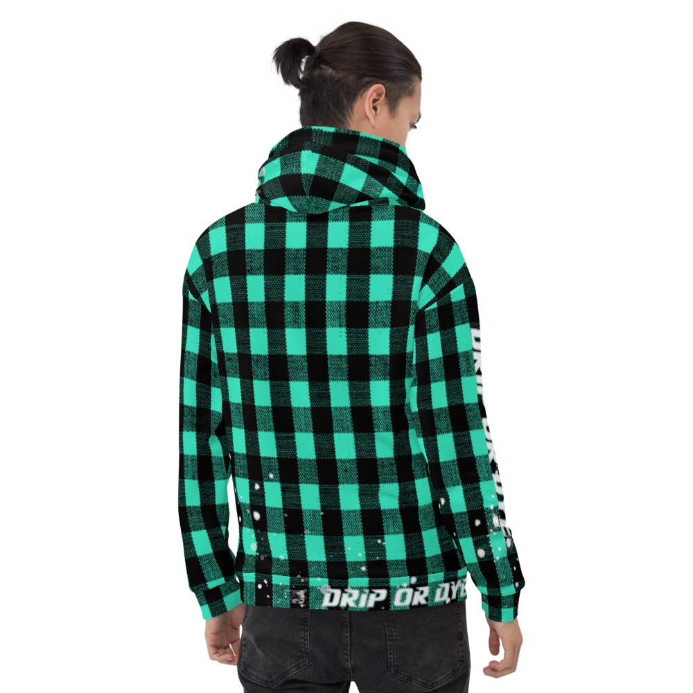 CRXWN | Drip or Dye | Plaid Season 1 Unisex Hoodie Custom Buffalo Plaid Retro Grunge Paint Splatter Seafoam Teal