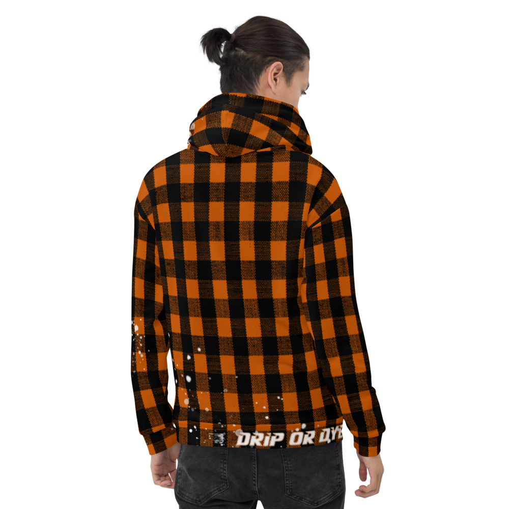 CRXWN | Drip or Dye | Plaid Season 1 Unisex Hoodie Custom Buffalo Plaid Retro Grunge Paint Splatter Sienna Orange Halloween