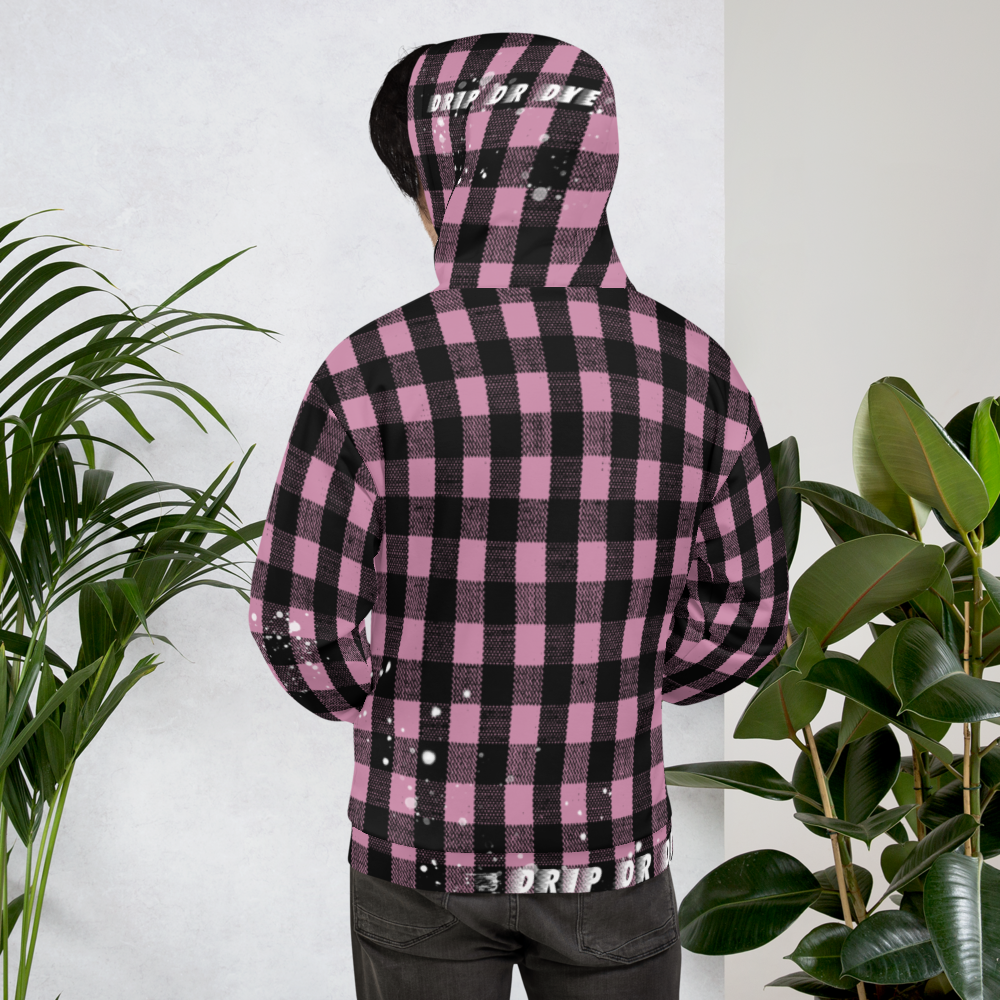 CRXWN | Drip or Dye | Plaid Season 1 Unisex Hoodie Custom Buffalo Plaid Retro Grunge Paint Splatter Digital Pink