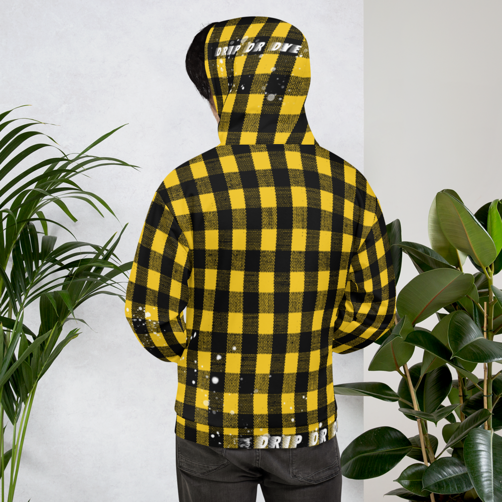 CRXWN | Drip or Dye | Plaid Season 1 Unisex Hoodie Custom Buffalo Plaid Retro Grunge Paint Splatter 12 Retro Black UNIVERSITY GOLD