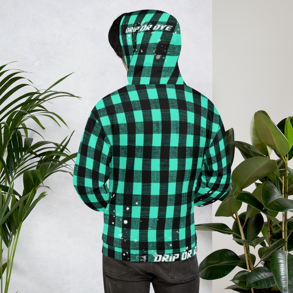 CRXWN | Drip or Dye | Plaid Season 1 Unisex Hoodie Custom Buffalo Plaid Retro Grunge Paint Splatter Seafoam Teal