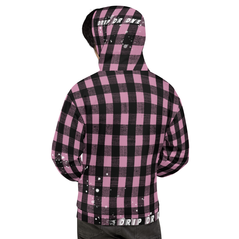 CRXWN | Drip or Dye | Plaid Season 1 Unisex Hoodie Custom Buffalo Plaid Retro Grunge Paint Splatter Digital Pink