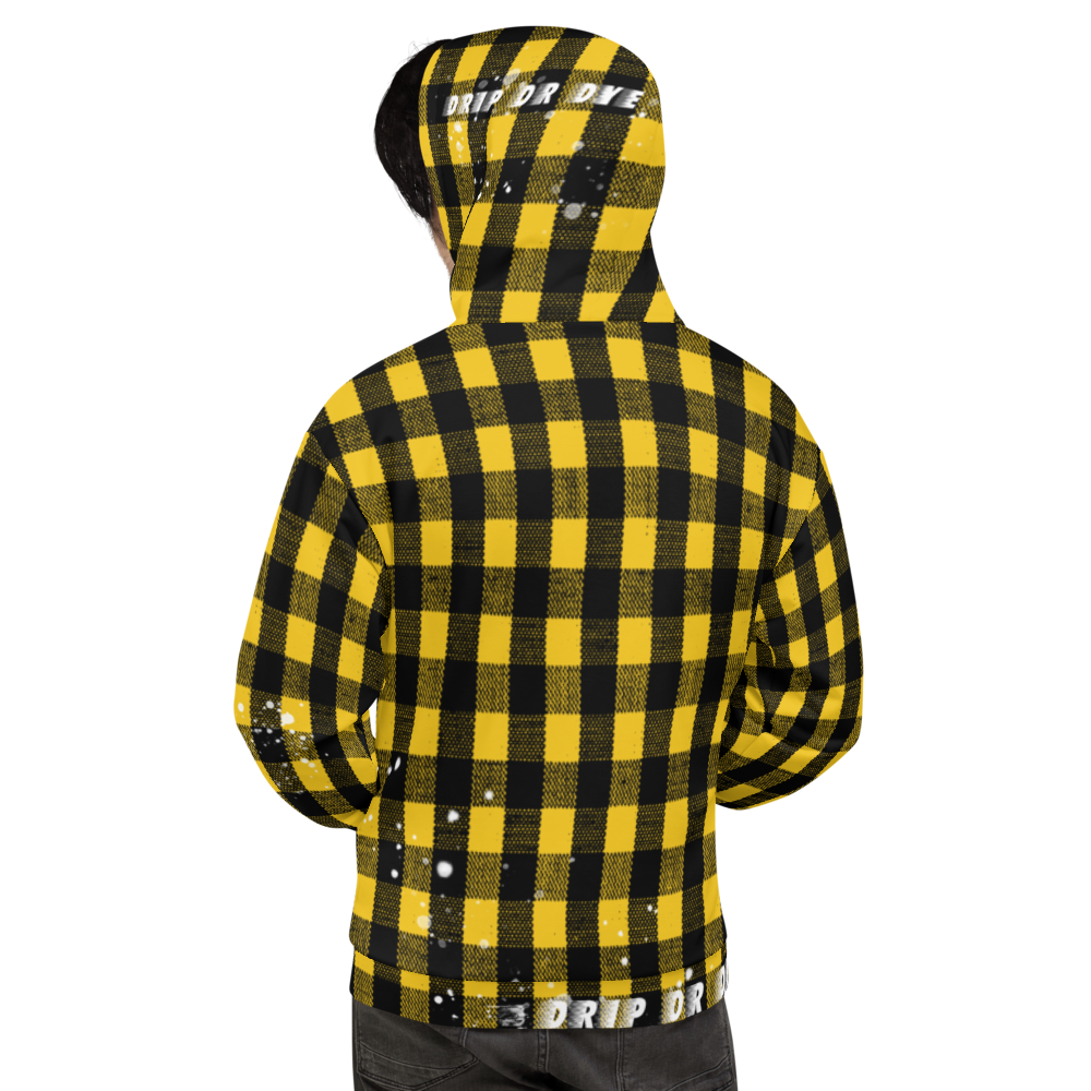 CRXWN | Drip or Dye | Plaid Season 1 Unisex Hoodie Custom Buffalo Plaid Retro Grunge Paint Splatter 12 Retro Black UNIVERSITY GOLD
